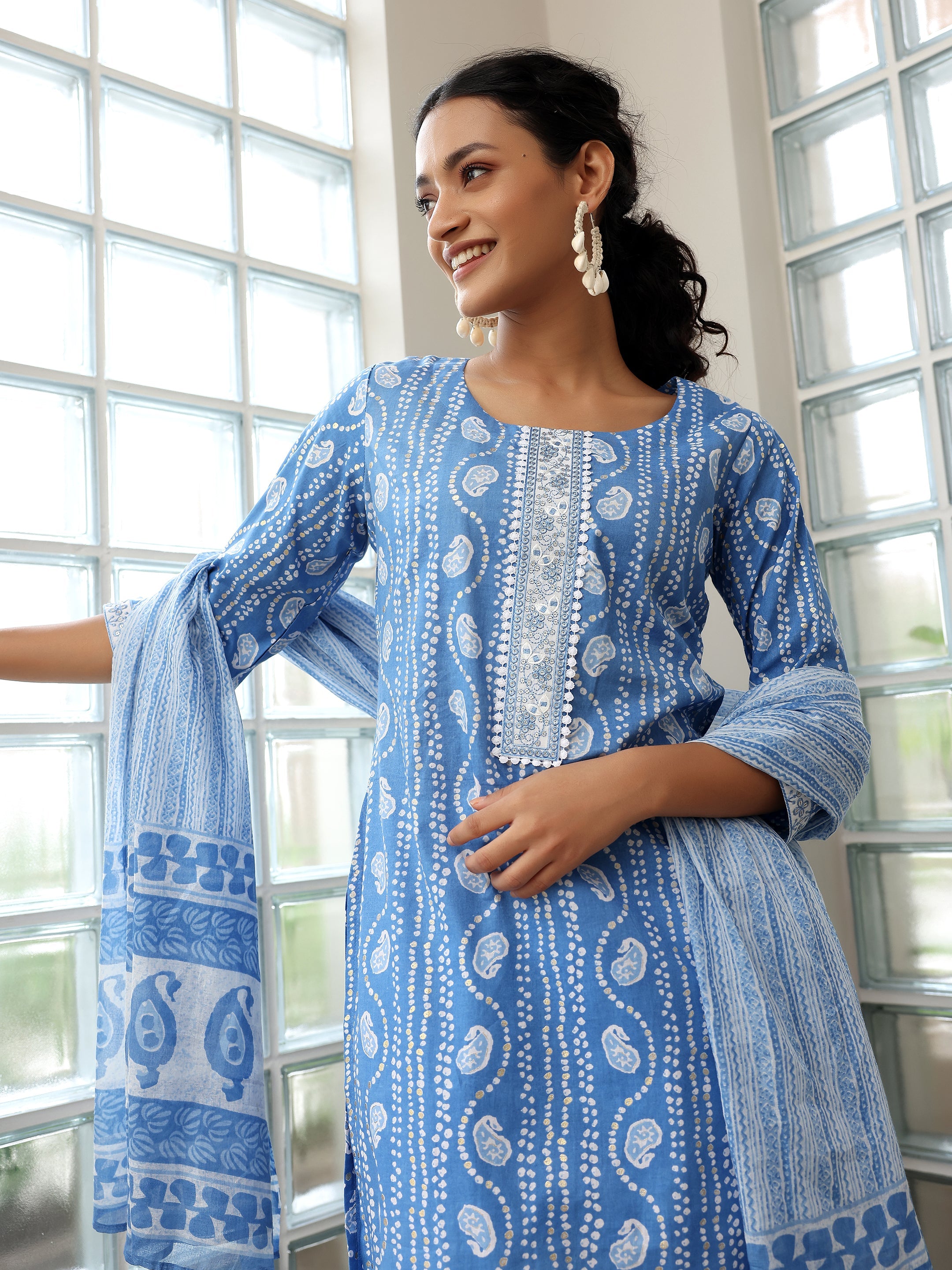 Blue Printed Cotton Straight Suit With Dupatta