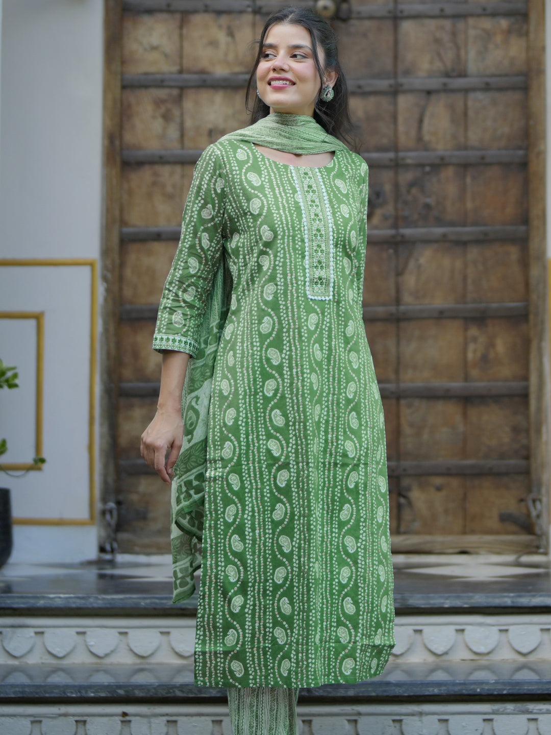 Green Printed Cotton Straight Suit With Dupatta