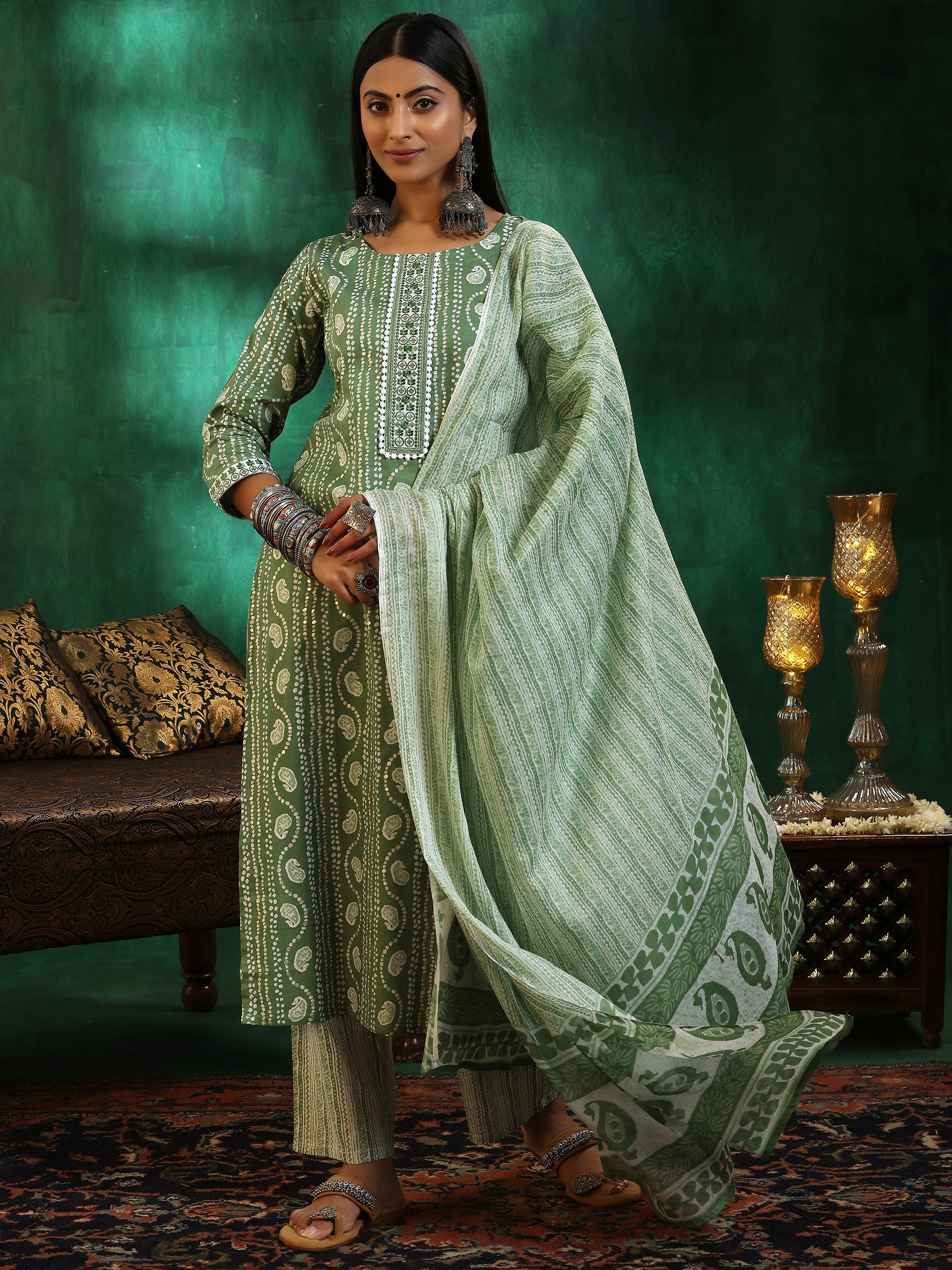 Green Printed Cotton Straight Suit With Dupatta