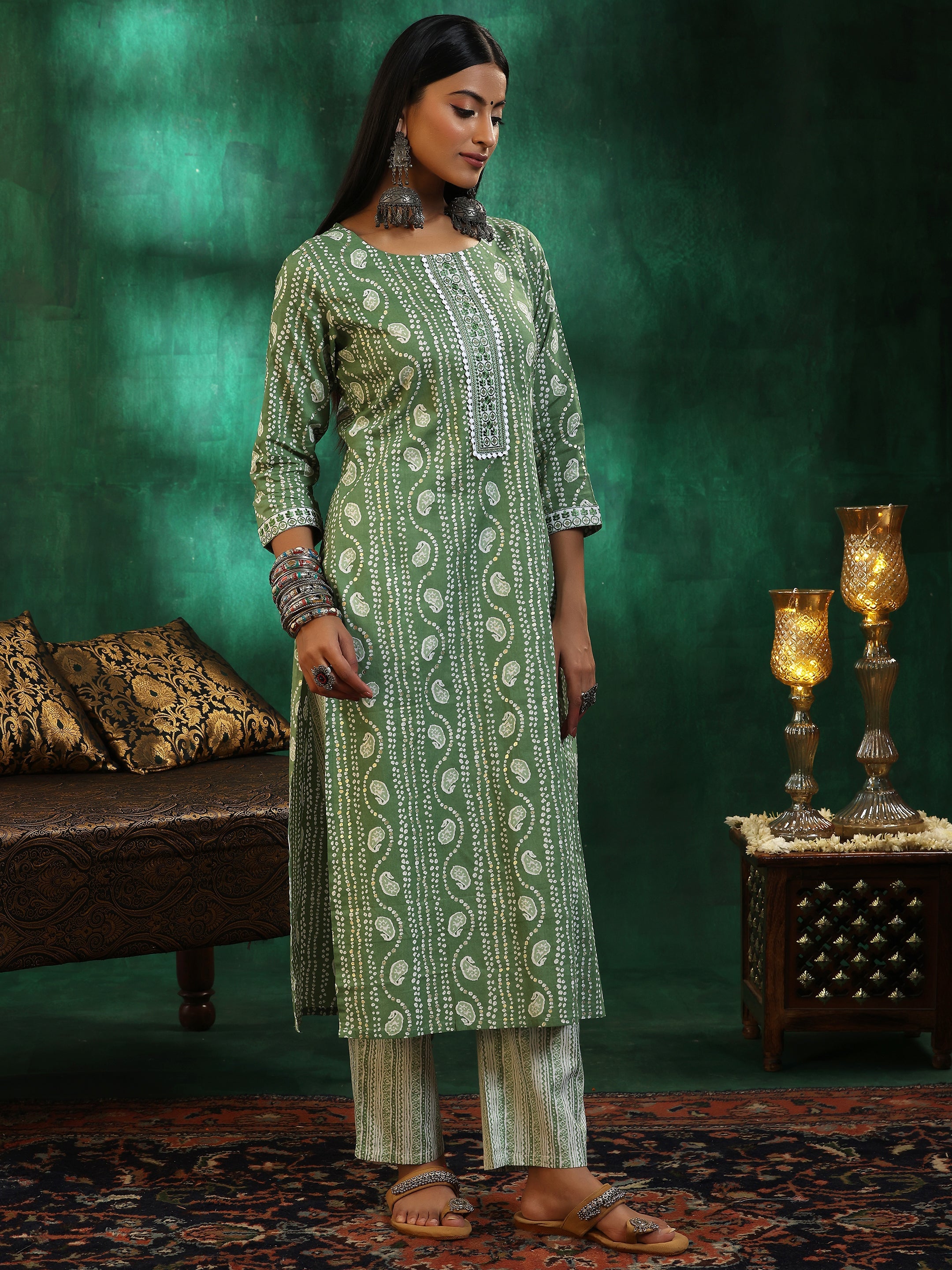 Green Printed Cotton Straight Suit With Dupatta