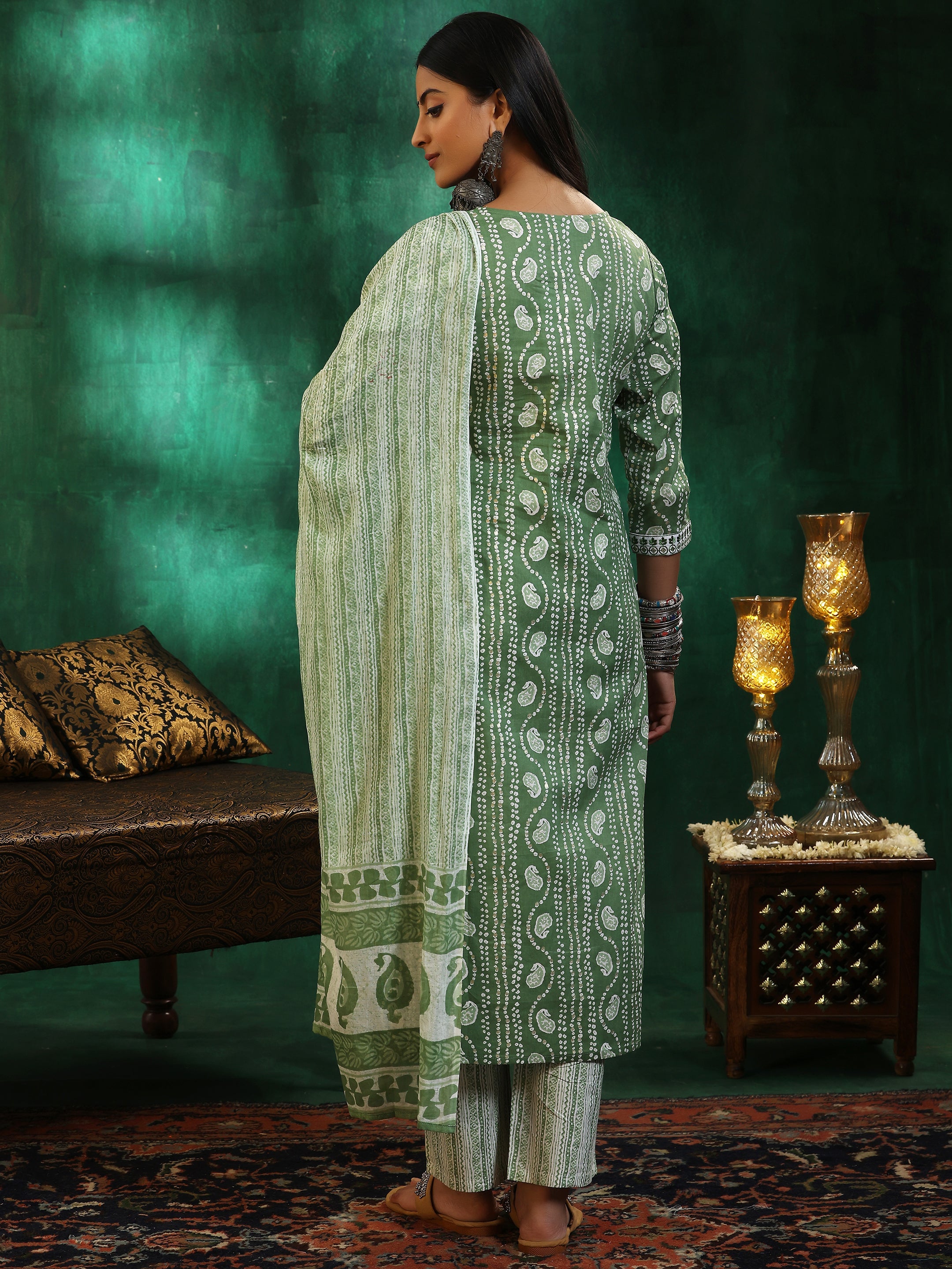 Green Printed Cotton Straight Suit With Dupatta