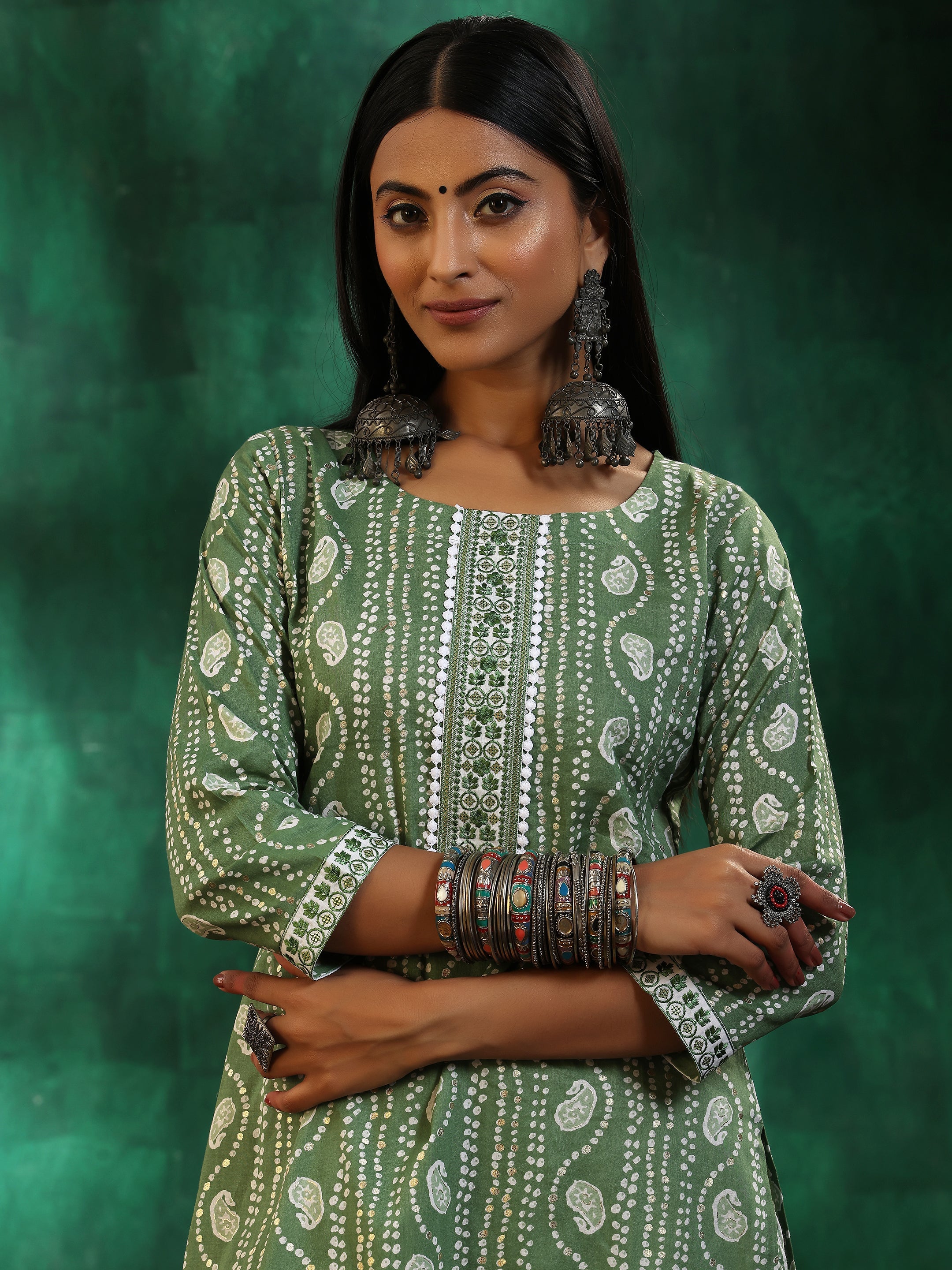 Green Printed Cotton Straight Suit With Dupatta