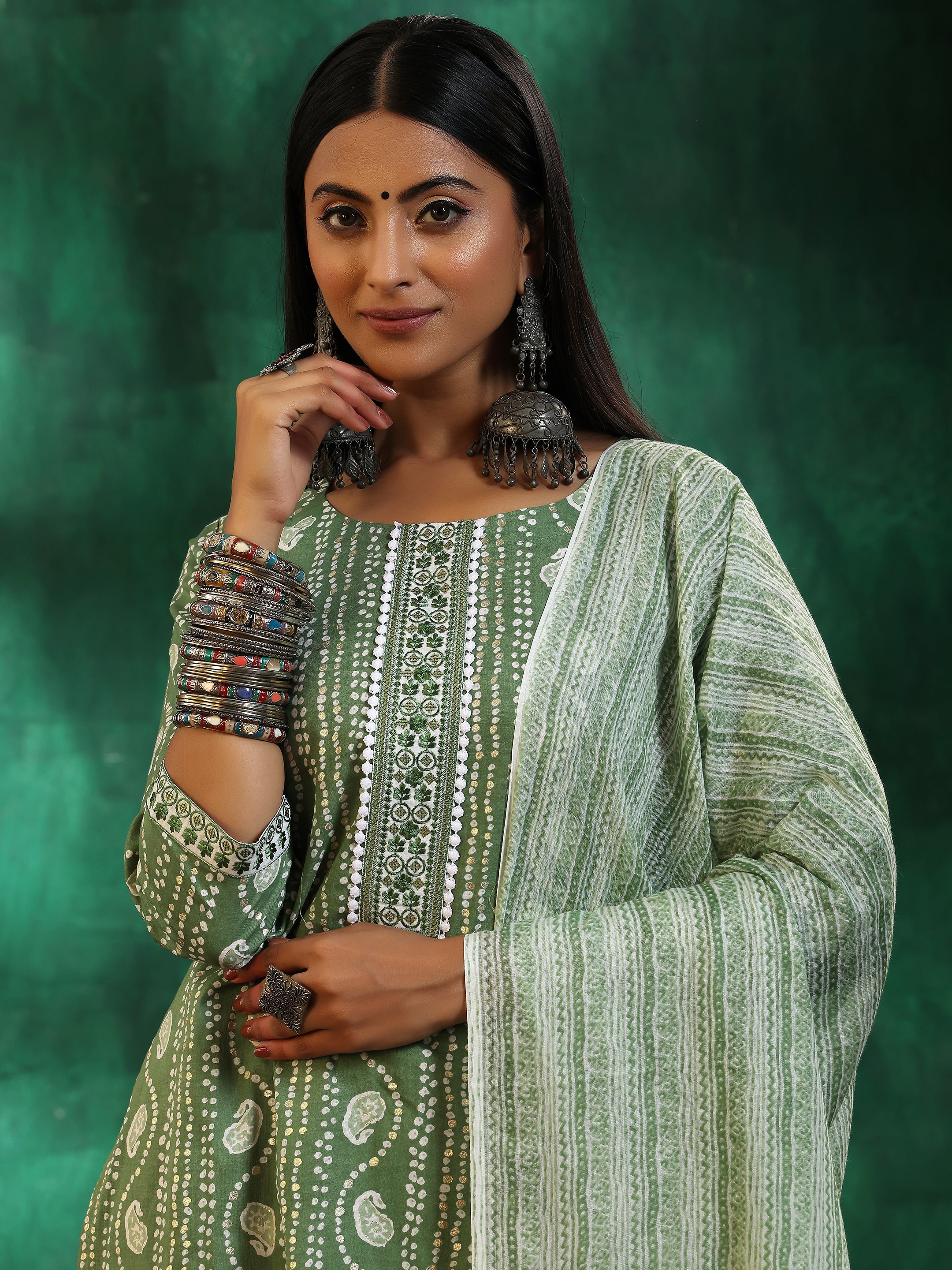 Green Printed Cotton Straight Suit With Dupatta