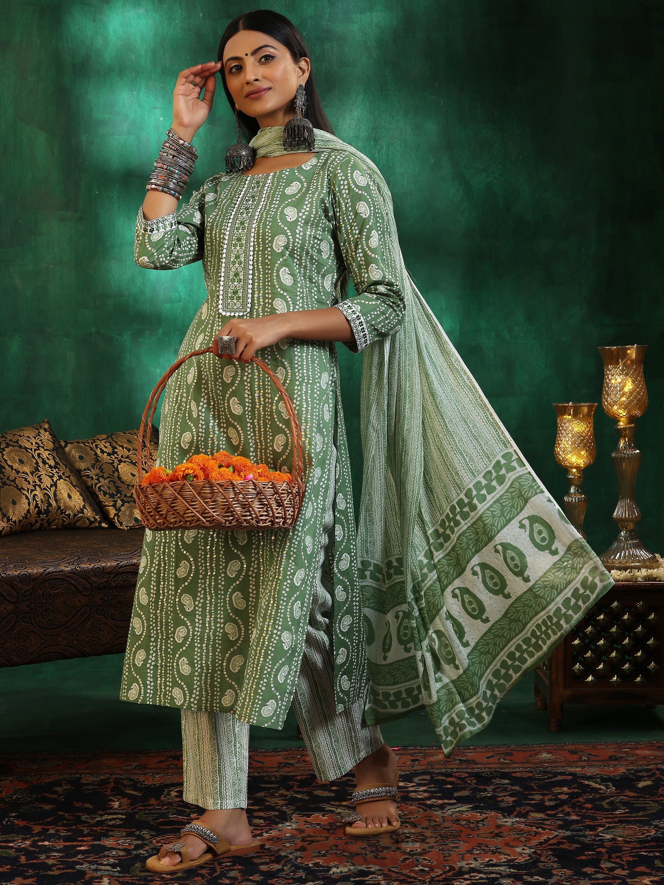 Green Printed Cotton Straight Suit With Dupatta