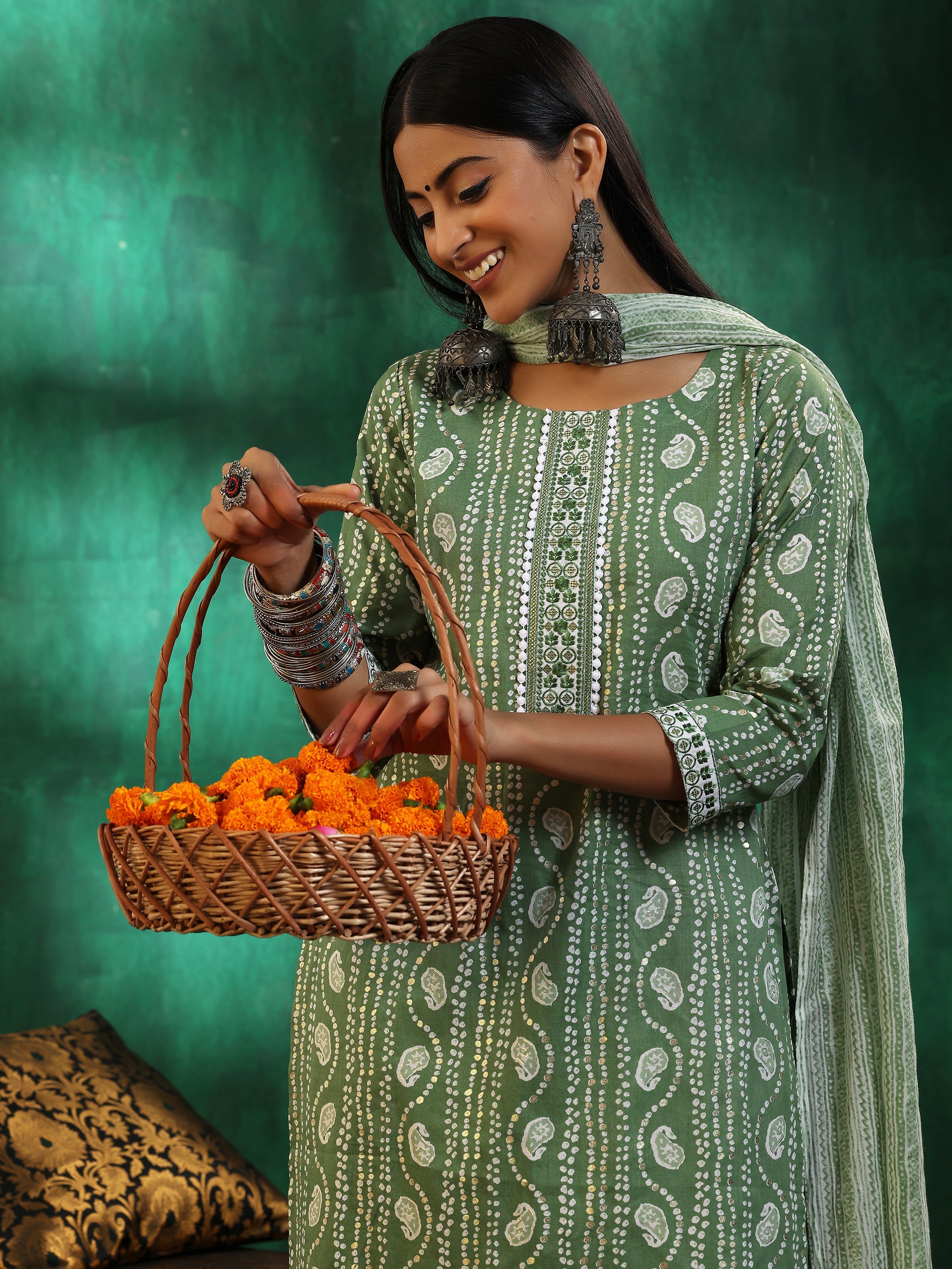 Green Printed Cotton Straight Suit With Dupatta