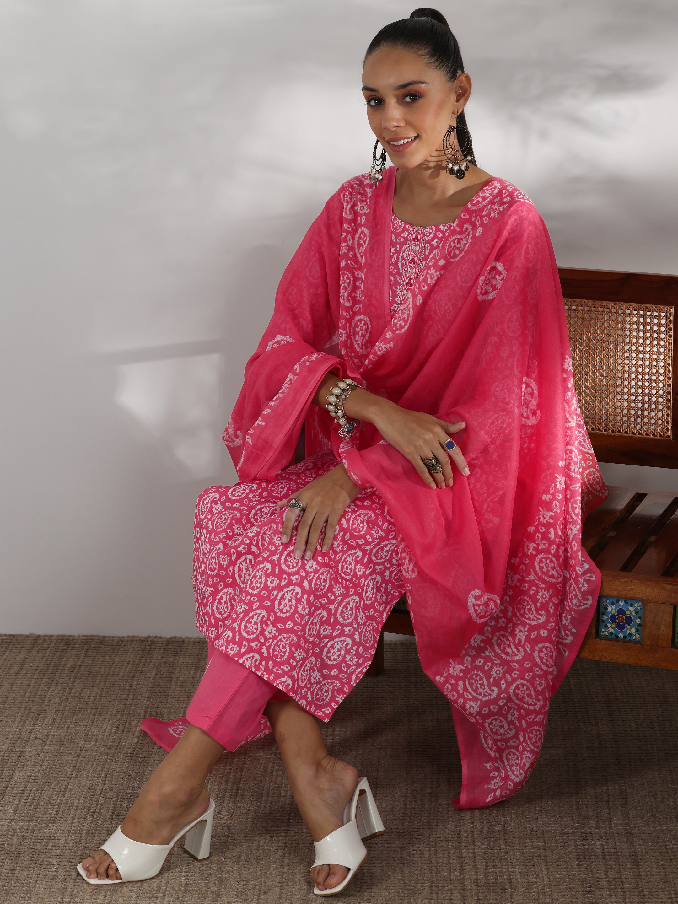 Pink Printed Cotton Straight Suit With Dupatta