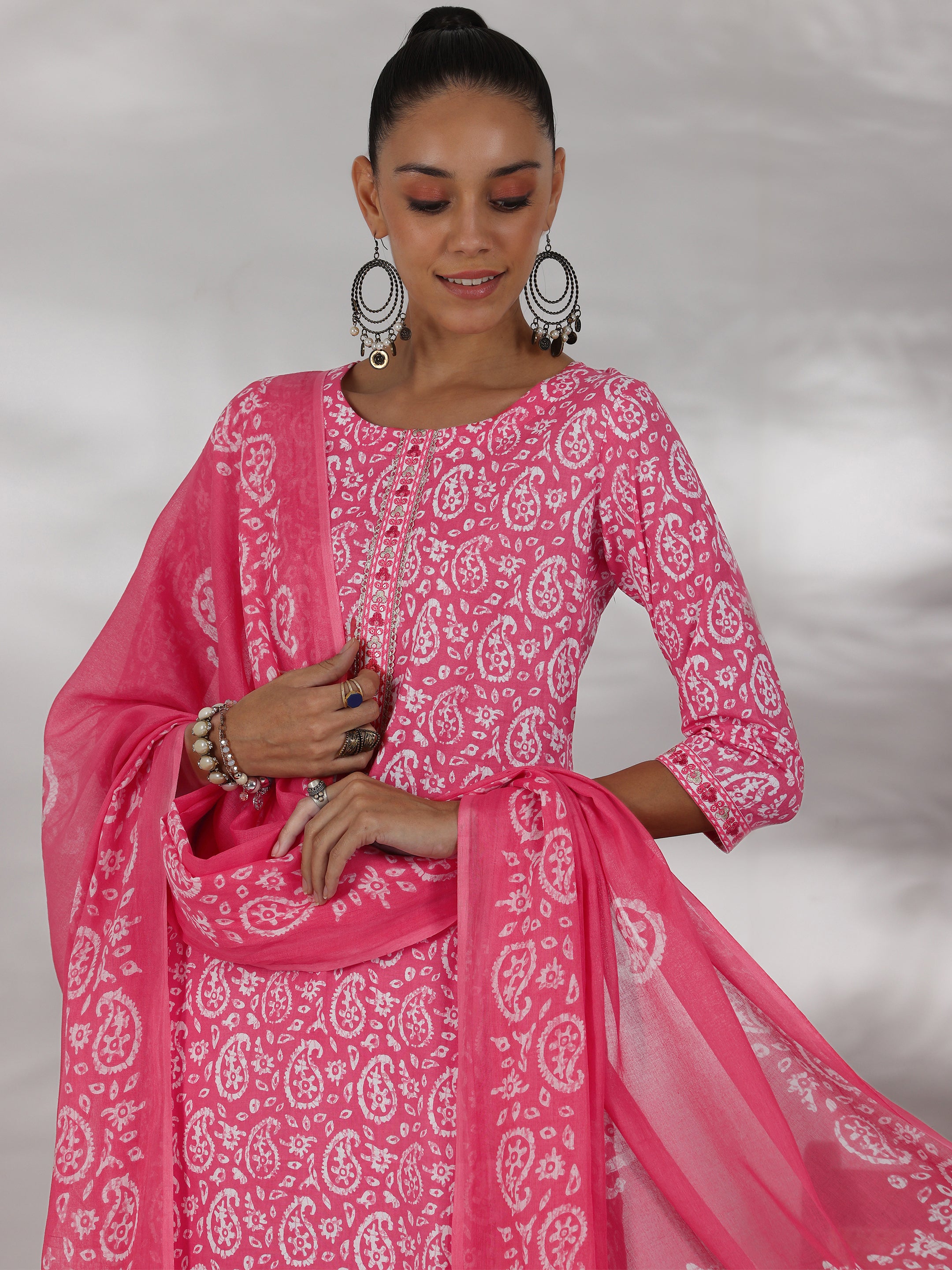 Pink Printed Cotton Straight Suit With Dupatta