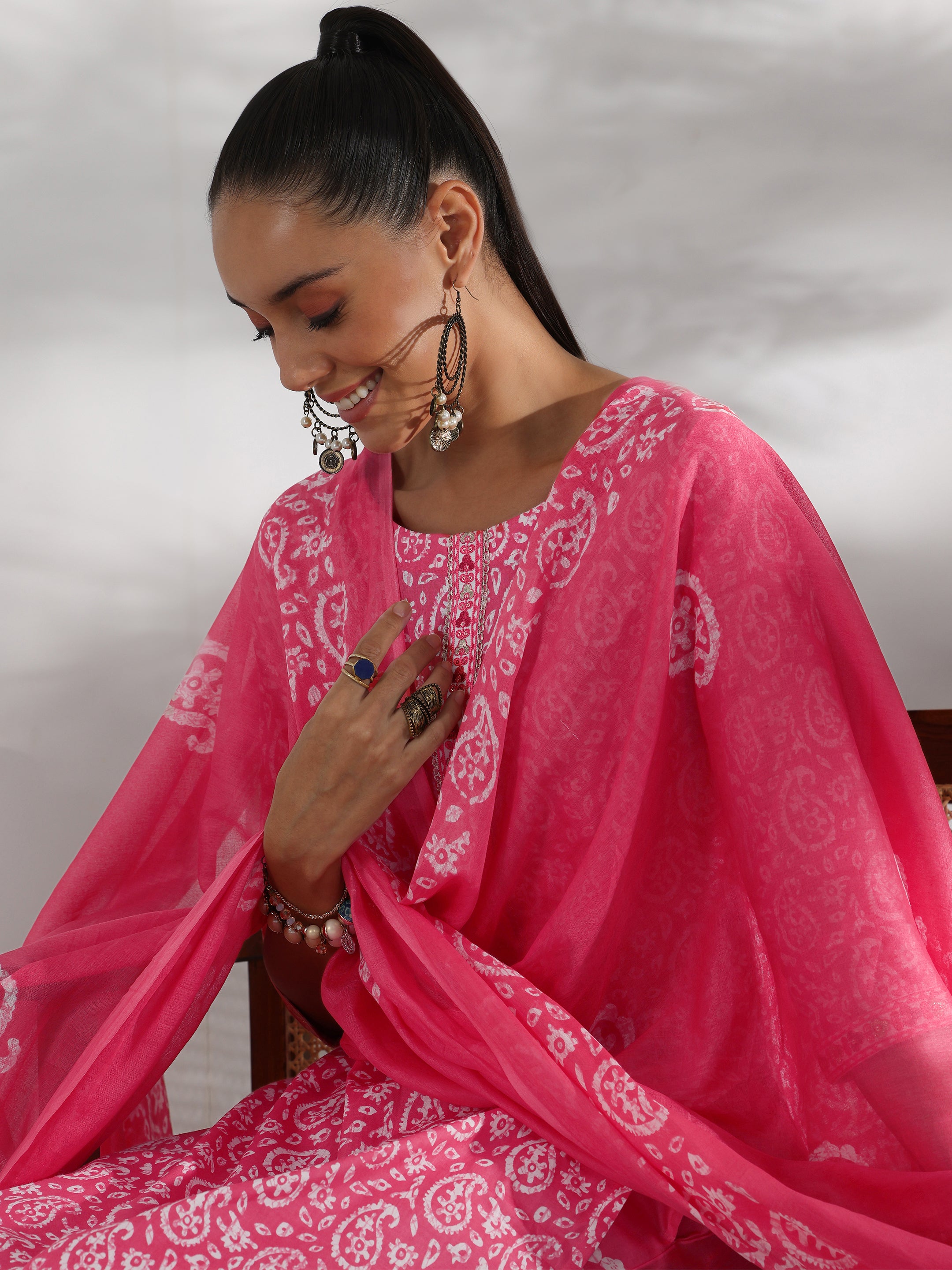 Pink Printed Cotton Straight Suit With Dupatta