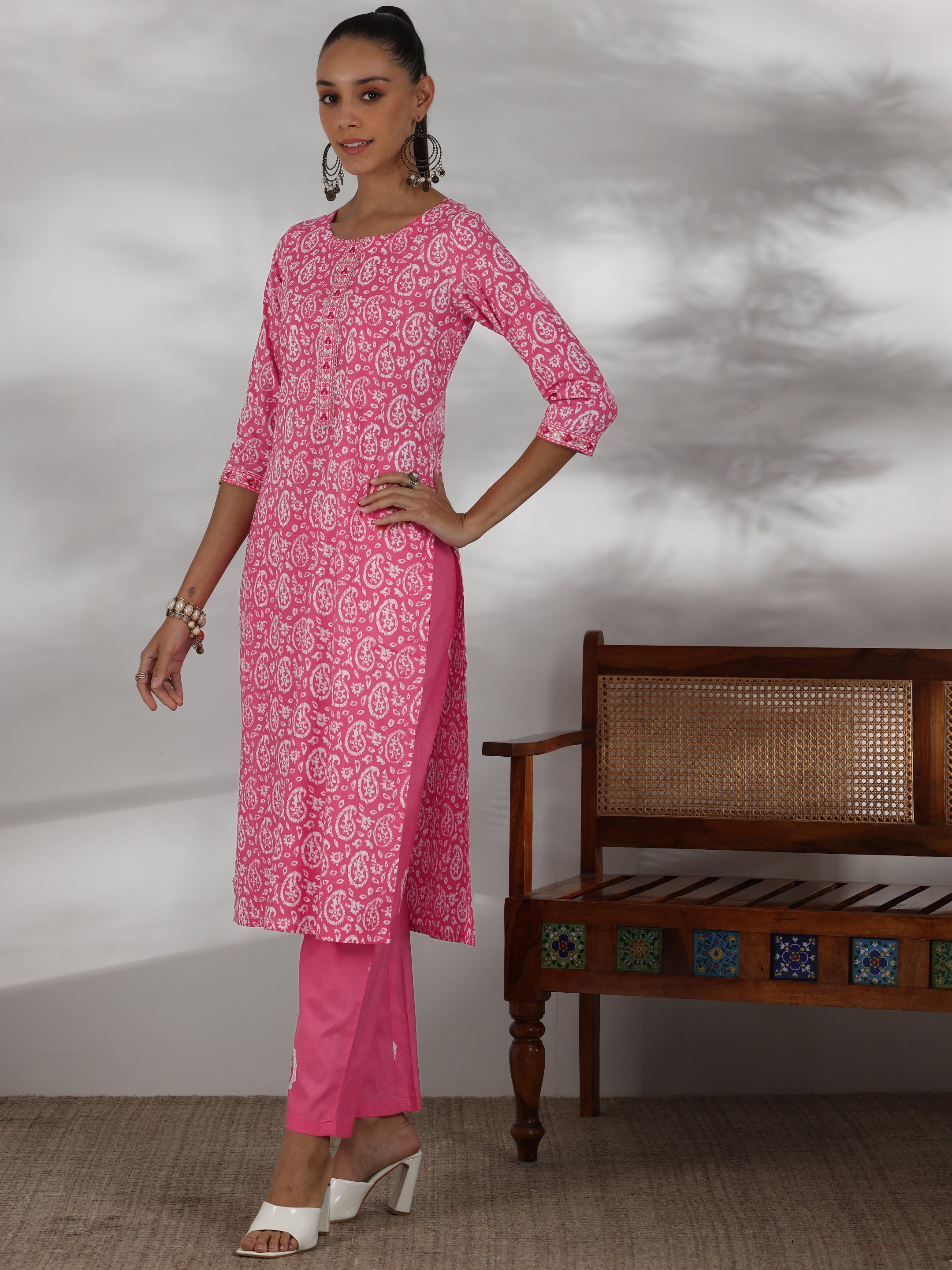 Pink Printed Cotton Straight Suit With Dupatta