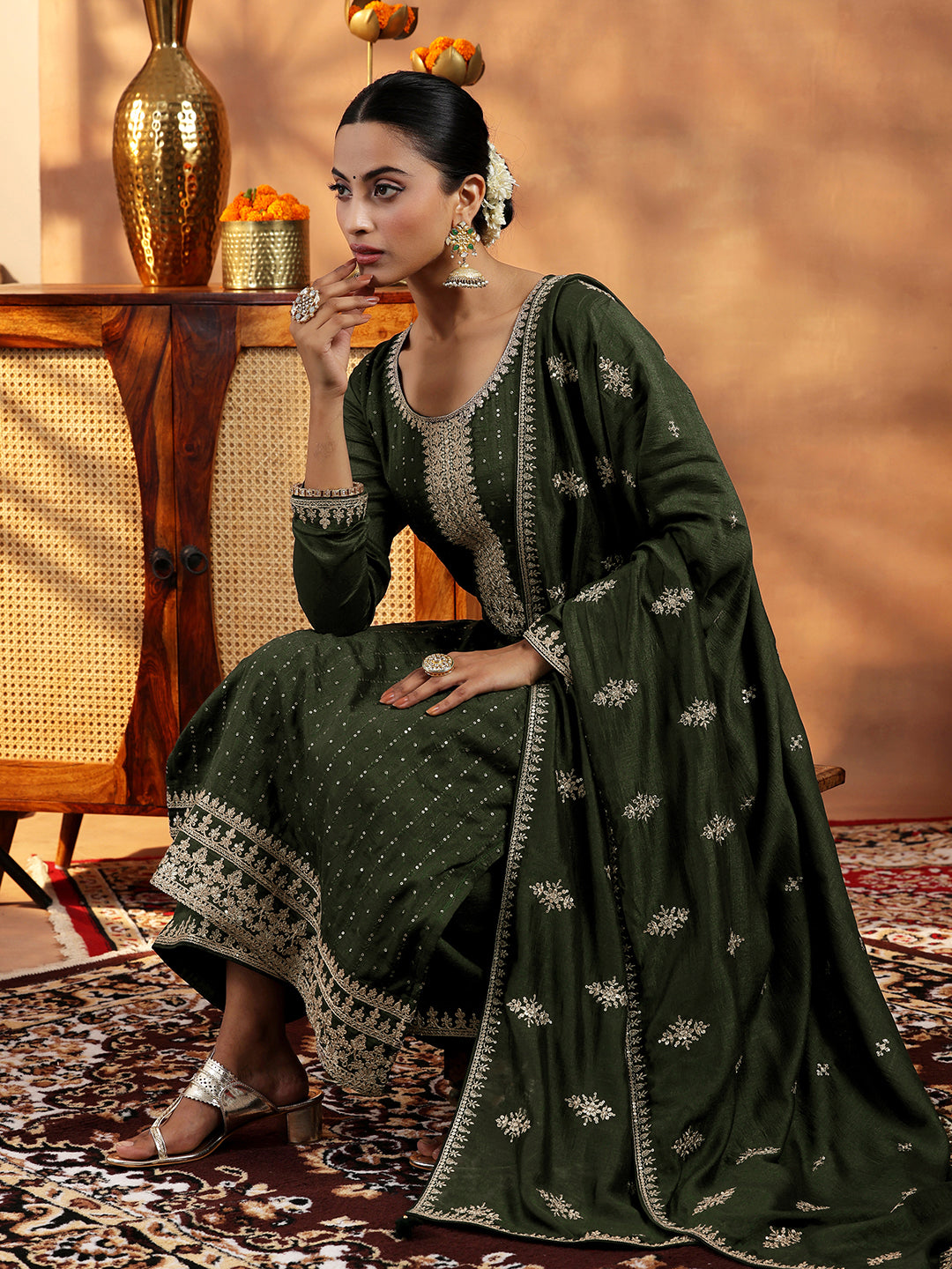 Olive Embroidered Silk Blend Straight Suit With Dupatta