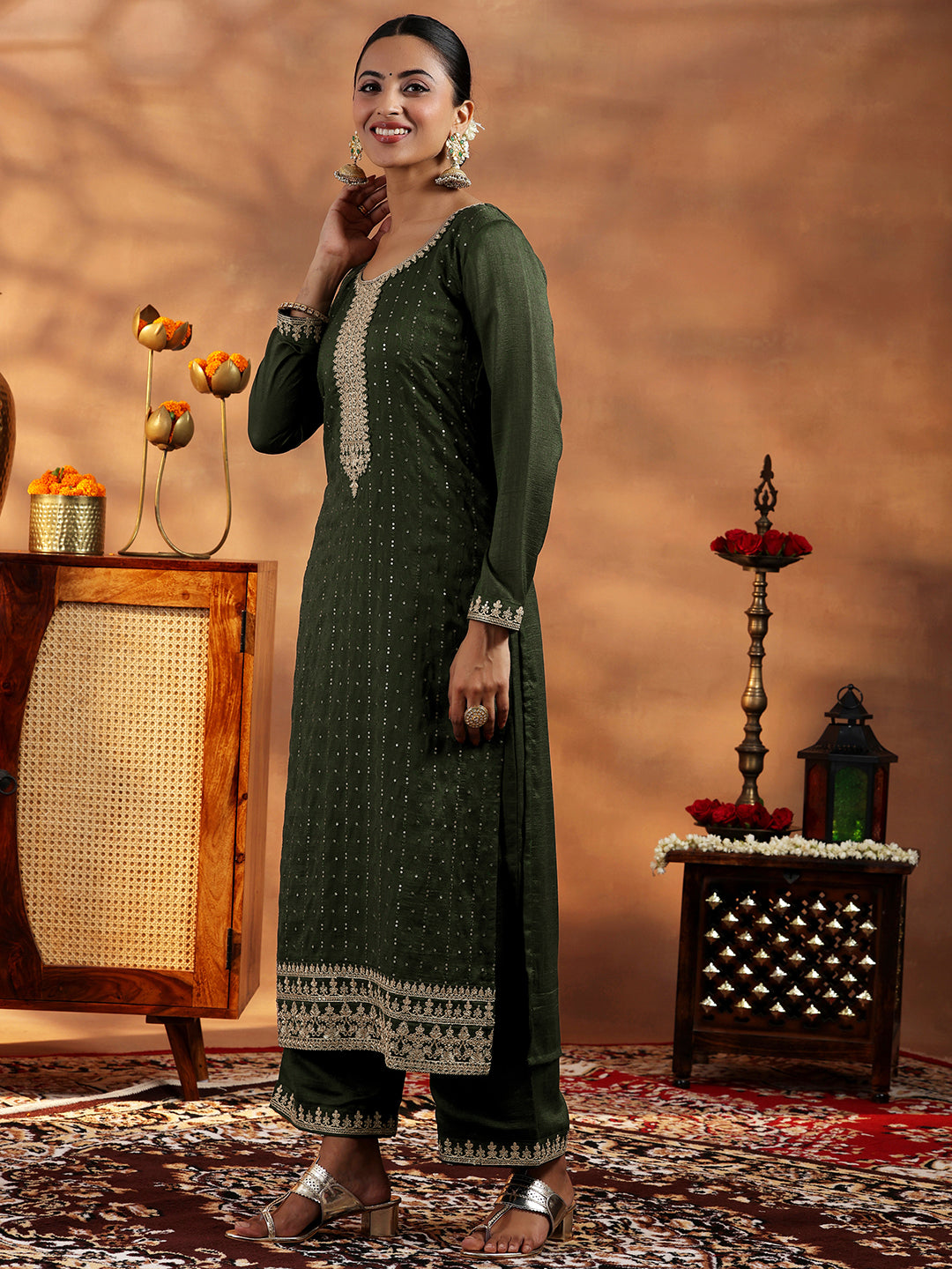 Olive Embroidered Silk Blend Straight Suit With Dupatta