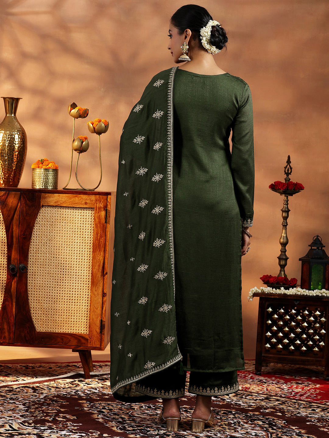 Olive Embroidered Silk Blend Straight Suit With Dupatta