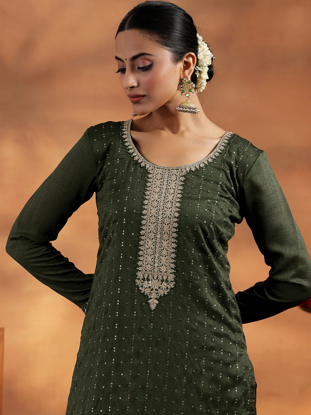 Olive Embroidered Silk Blend Straight Suit With Dupatta