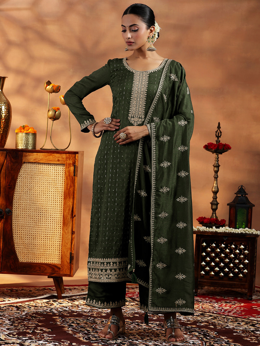 Olive Embroidered Silk Blend Straight Suit With Dupatta