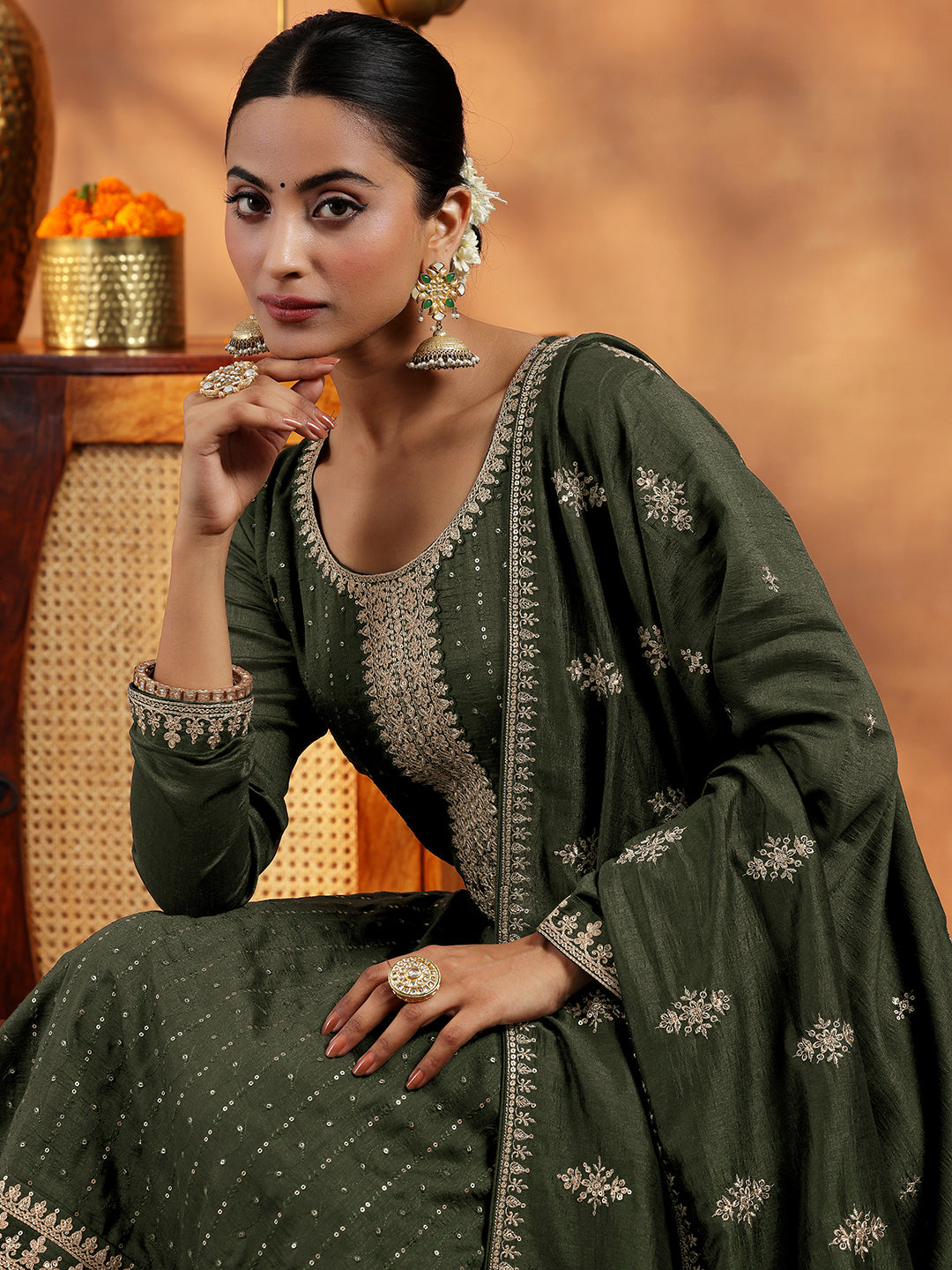 Olive Embroidered Silk Blend Straight Suit With Dupatta