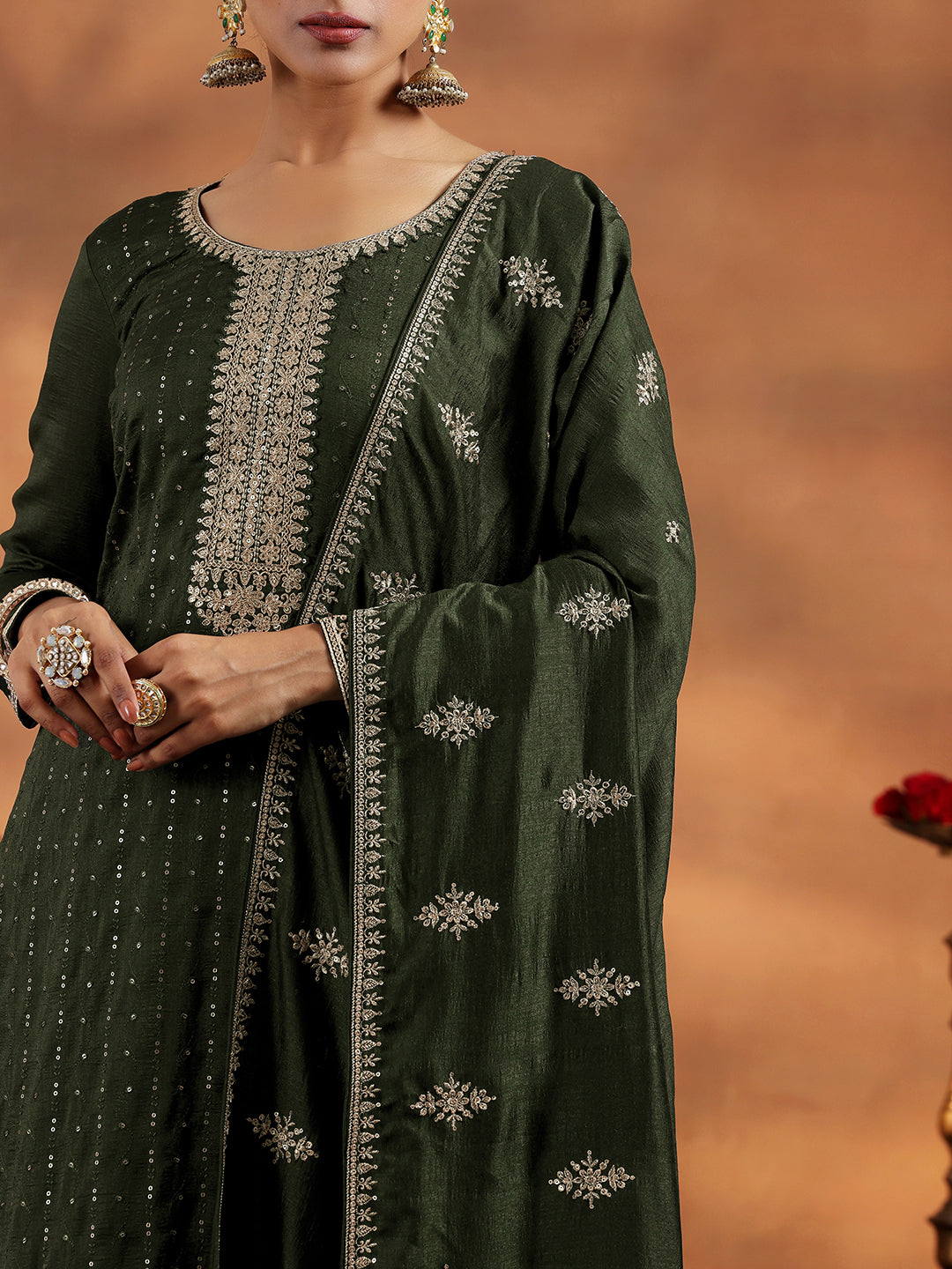 Olive Embroidered Silk Blend Straight Suit With Dupatta