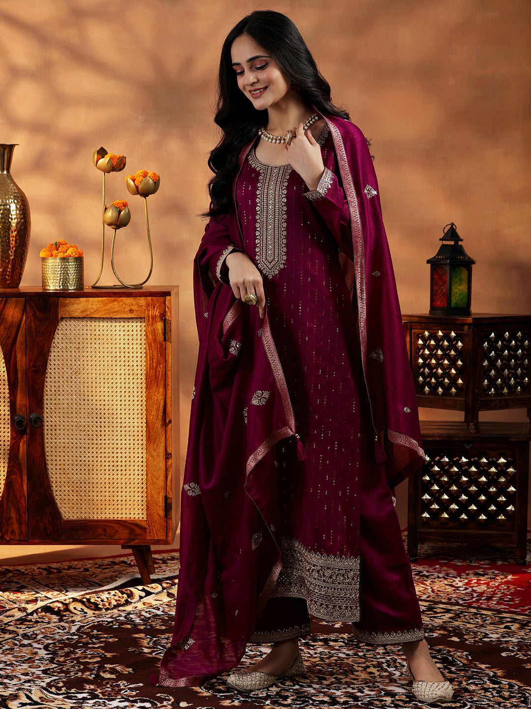 Maroon Embroidered Silk Blend Straight Suit With Dupatta