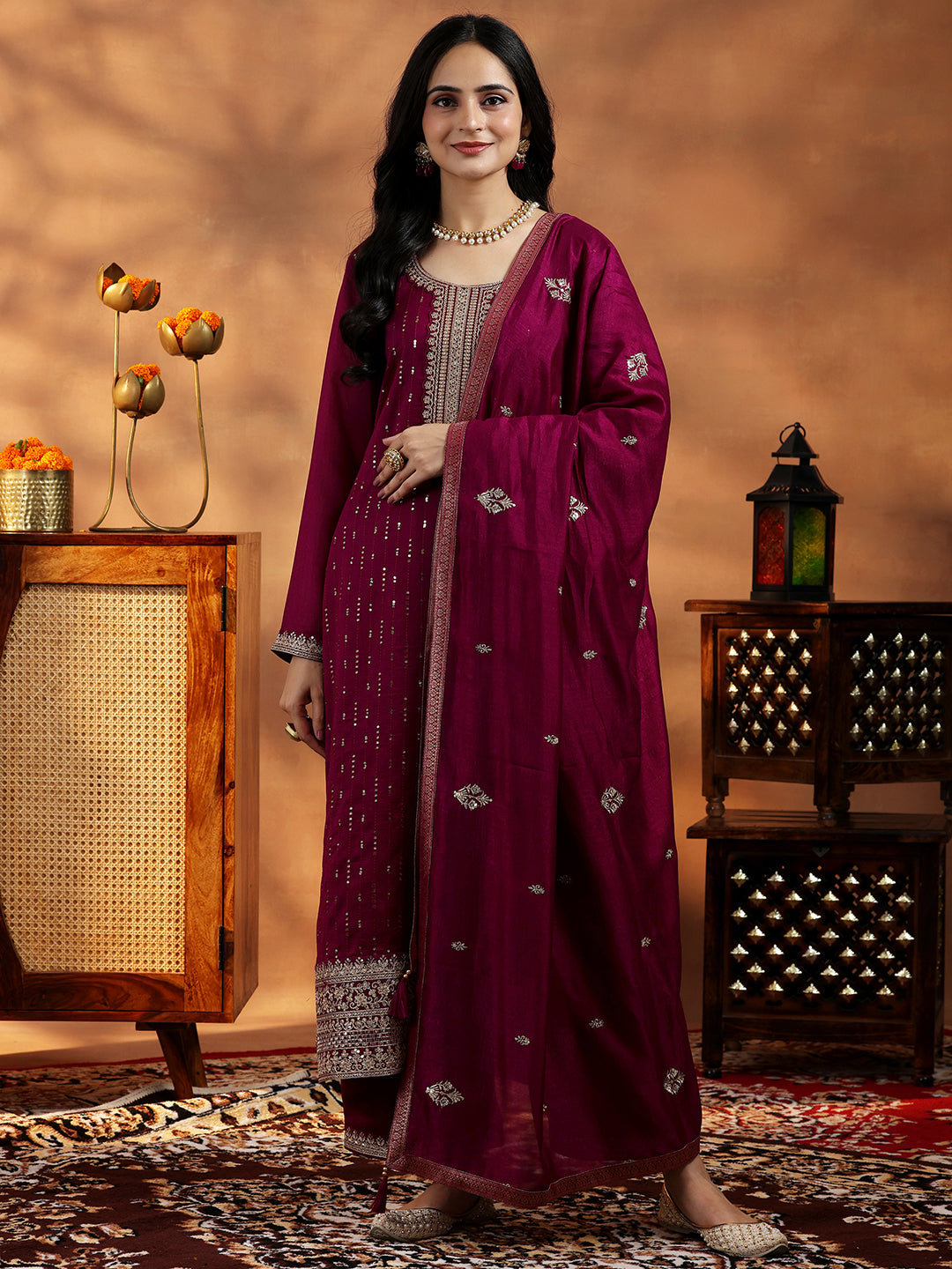 Maroon Embroidered Silk Blend Straight Suit With Dupatta