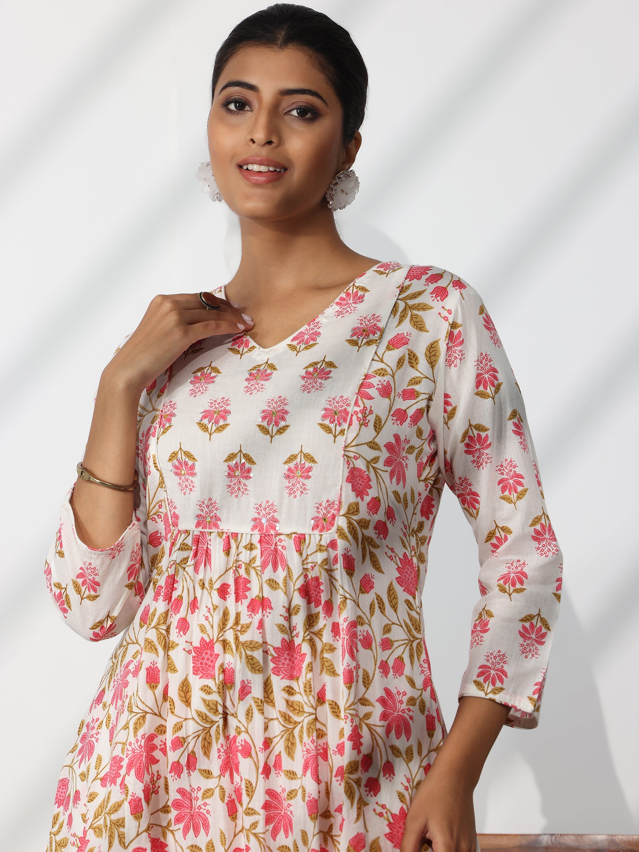 White Printed Cotton A-Line Kurta With Trousers & Dupatta