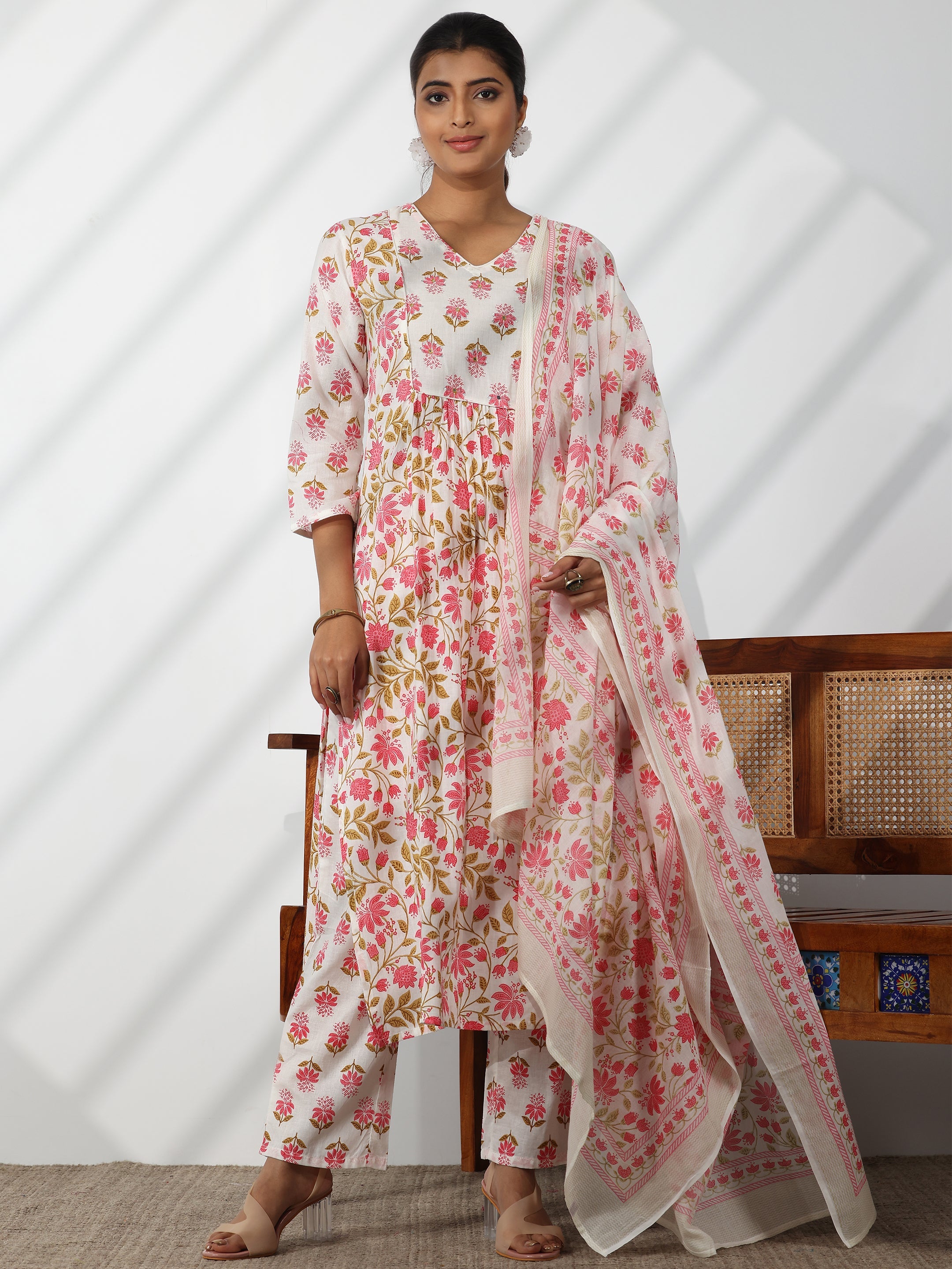 White Printed Cotton A-Line Kurta With Trousers & Dupatta