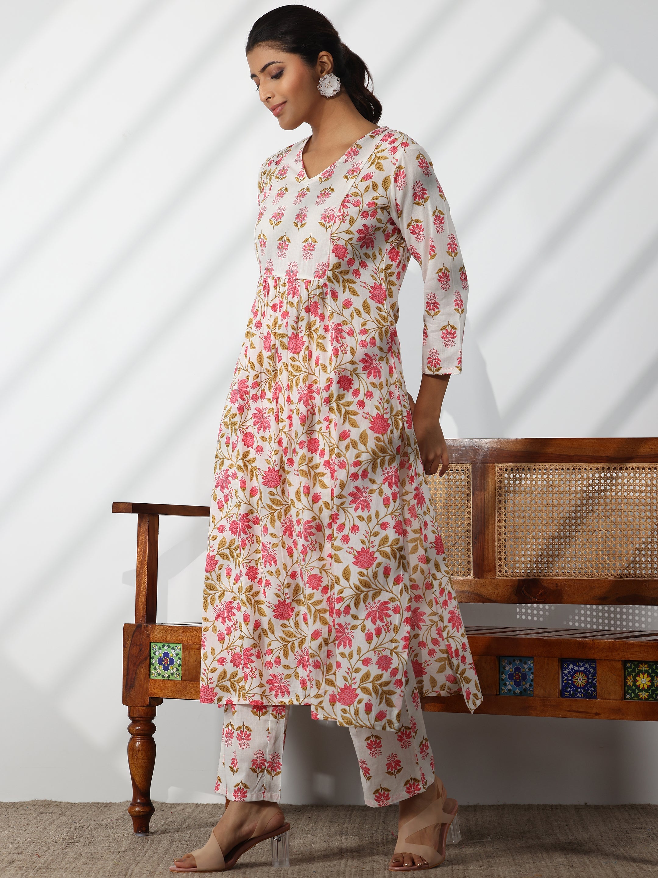 White Printed Cotton A-Line Kurta With Trousers & Dupatta