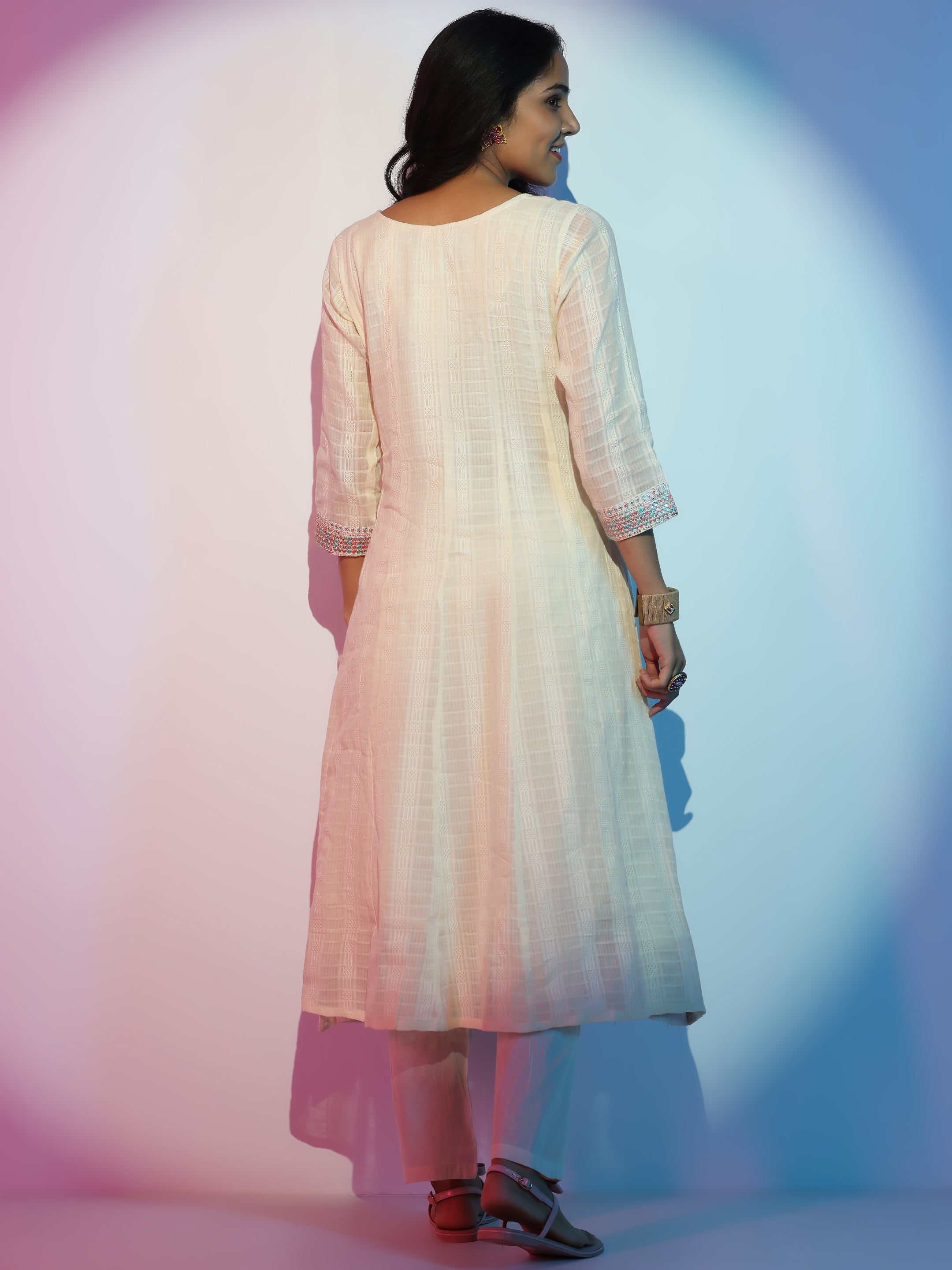 Off White Woven Design Cotton A-Line Kurta With Trousers