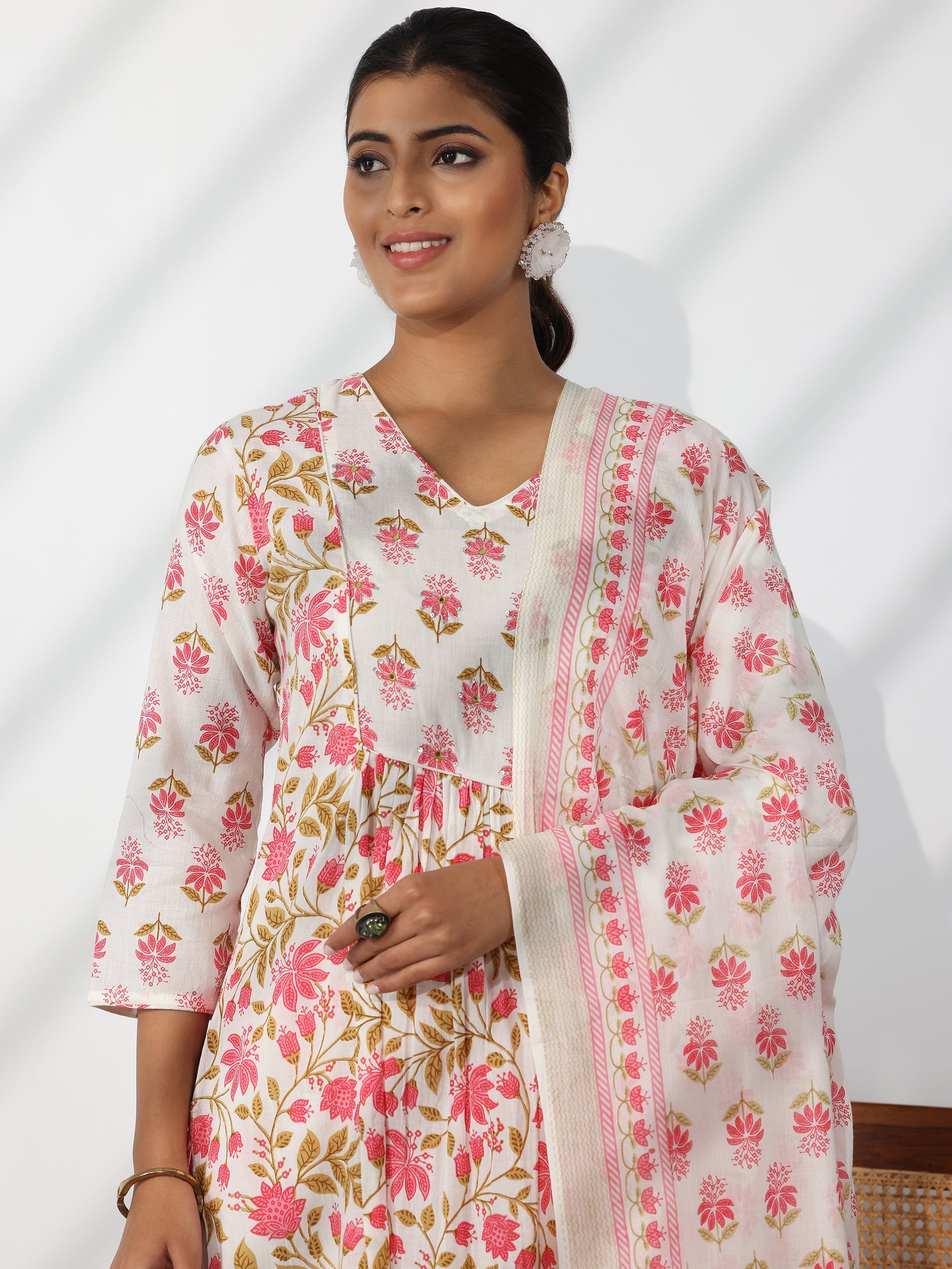 White Printed Cotton A-Line Kurta With Trousers & Dupatta