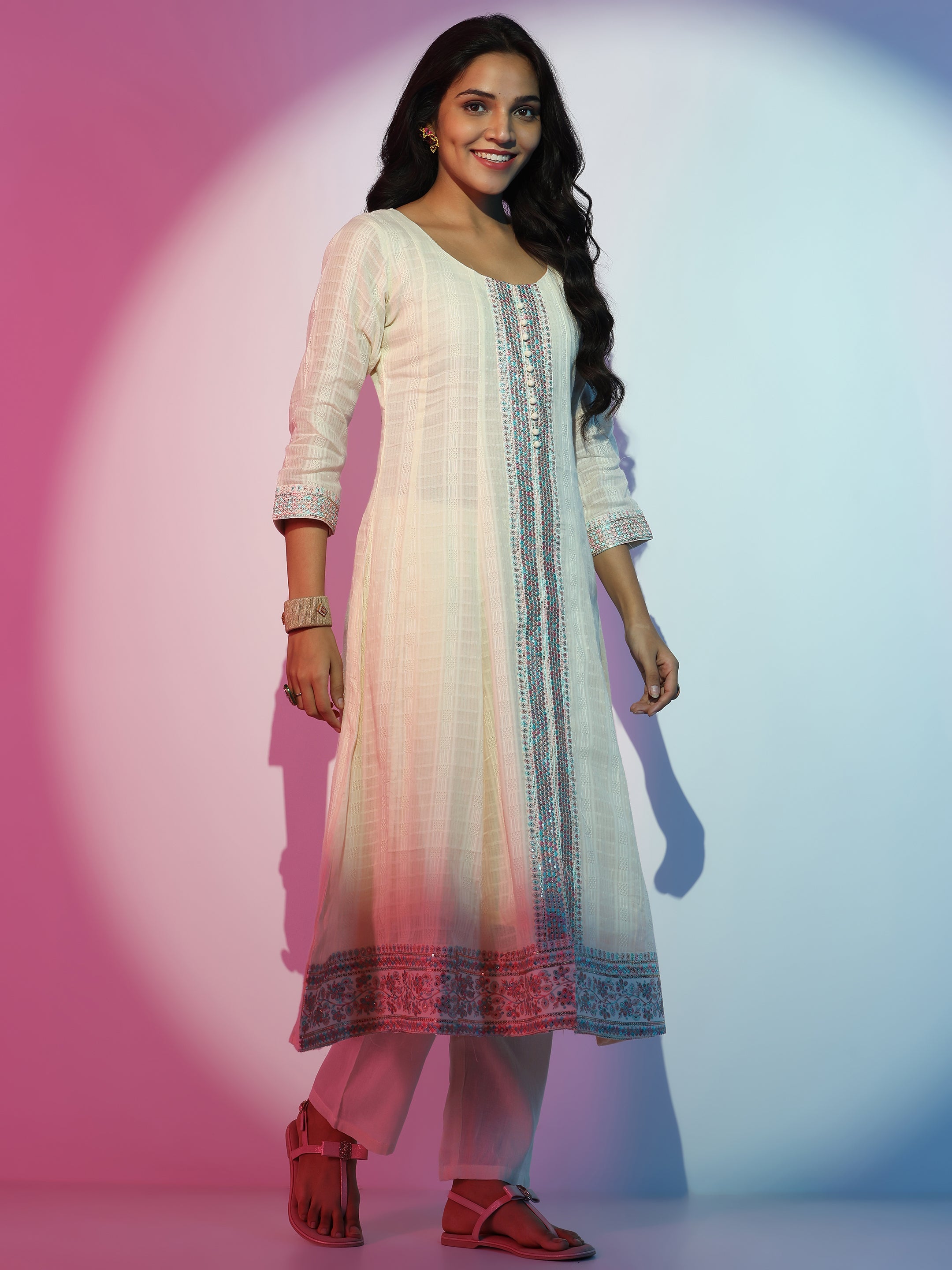 Off White Woven Design Cotton A-Line Kurta With Trousers