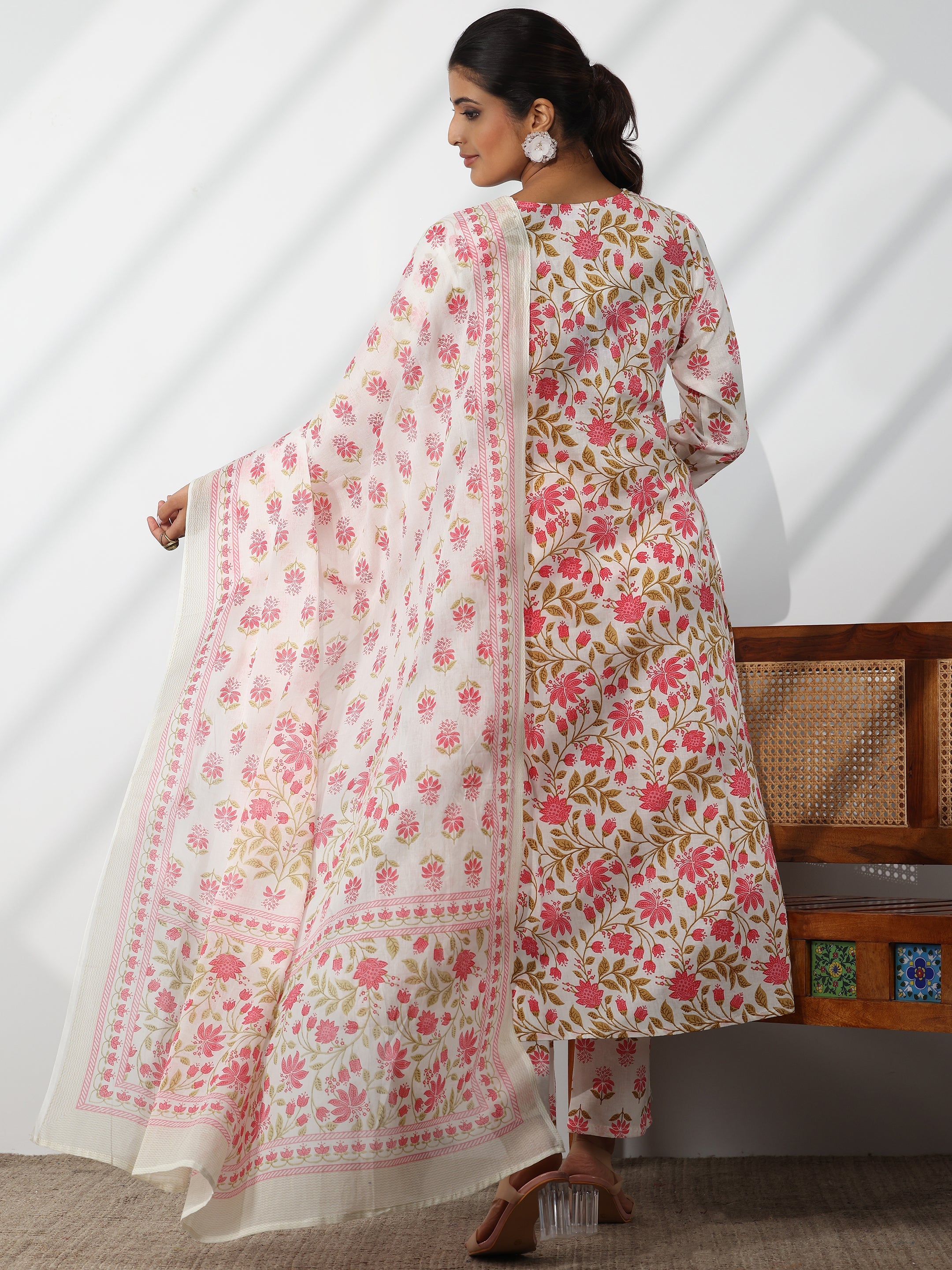 White Printed Cotton A-Line Kurta With Trousers & Dupatta