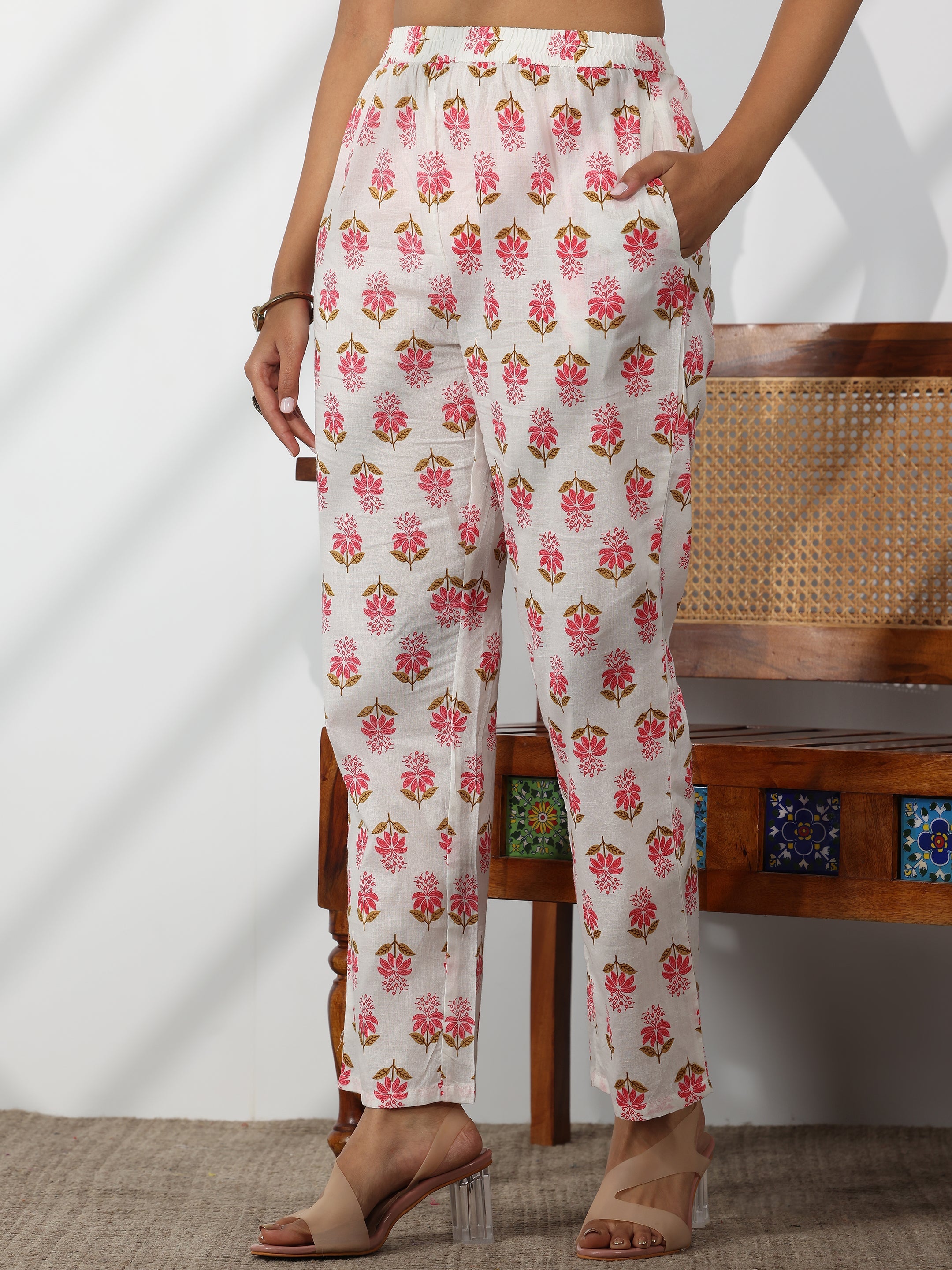 White Printed Cotton A-Line Kurta With Trousers & Dupatta