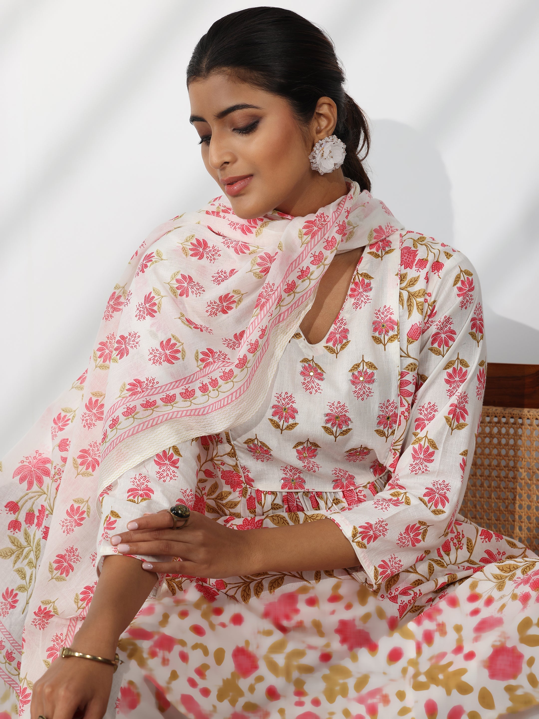 White Printed Cotton A-Line Kurta With Trousers & Dupatta