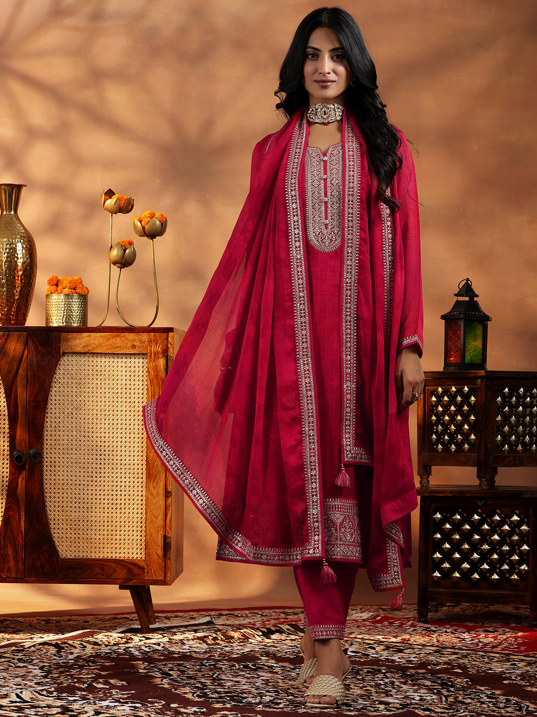 Red Embroidered Silk Blend Straight Suit With Dupatta