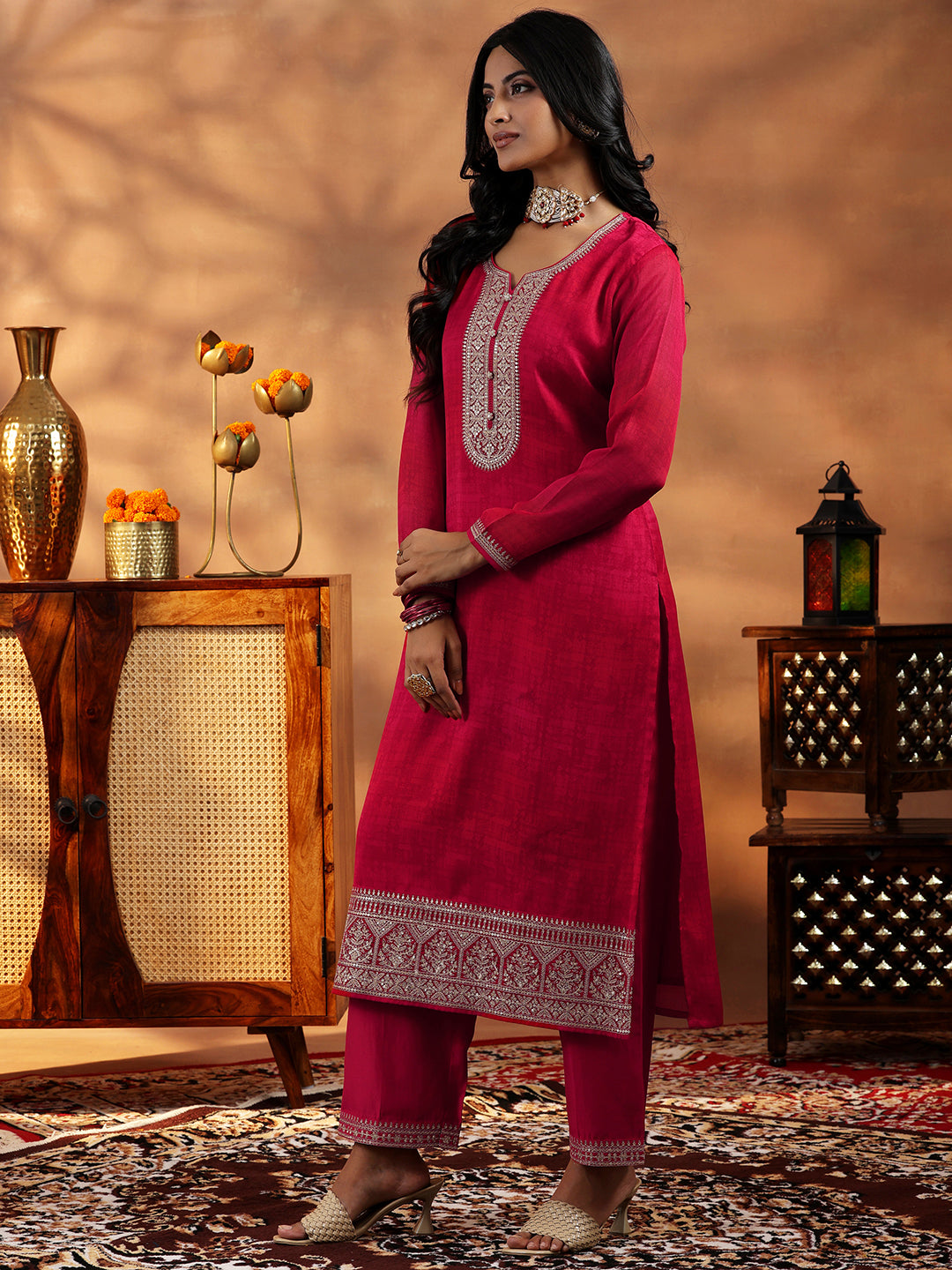 Red Embroidered Silk Blend Straight Suit With Dupatta