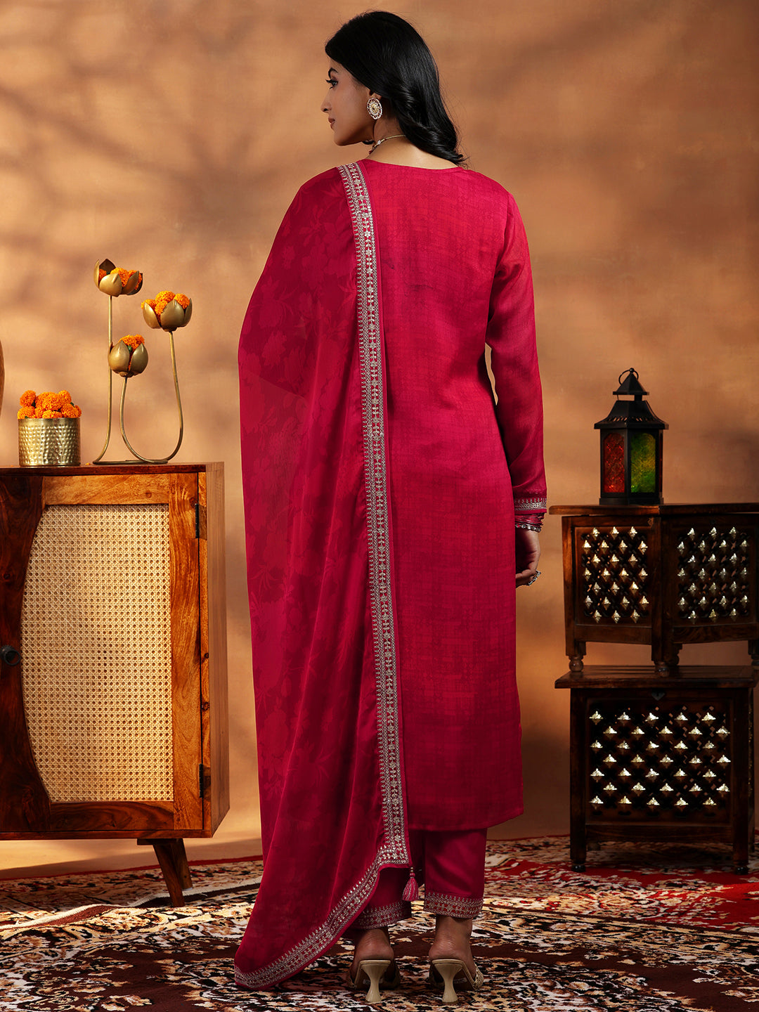 Red Embroidered Silk Blend Straight Suit With Dupatta