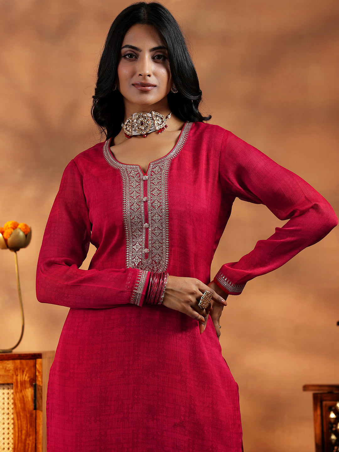 Red Embroidered Silk Blend Straight Suit With Dupatta