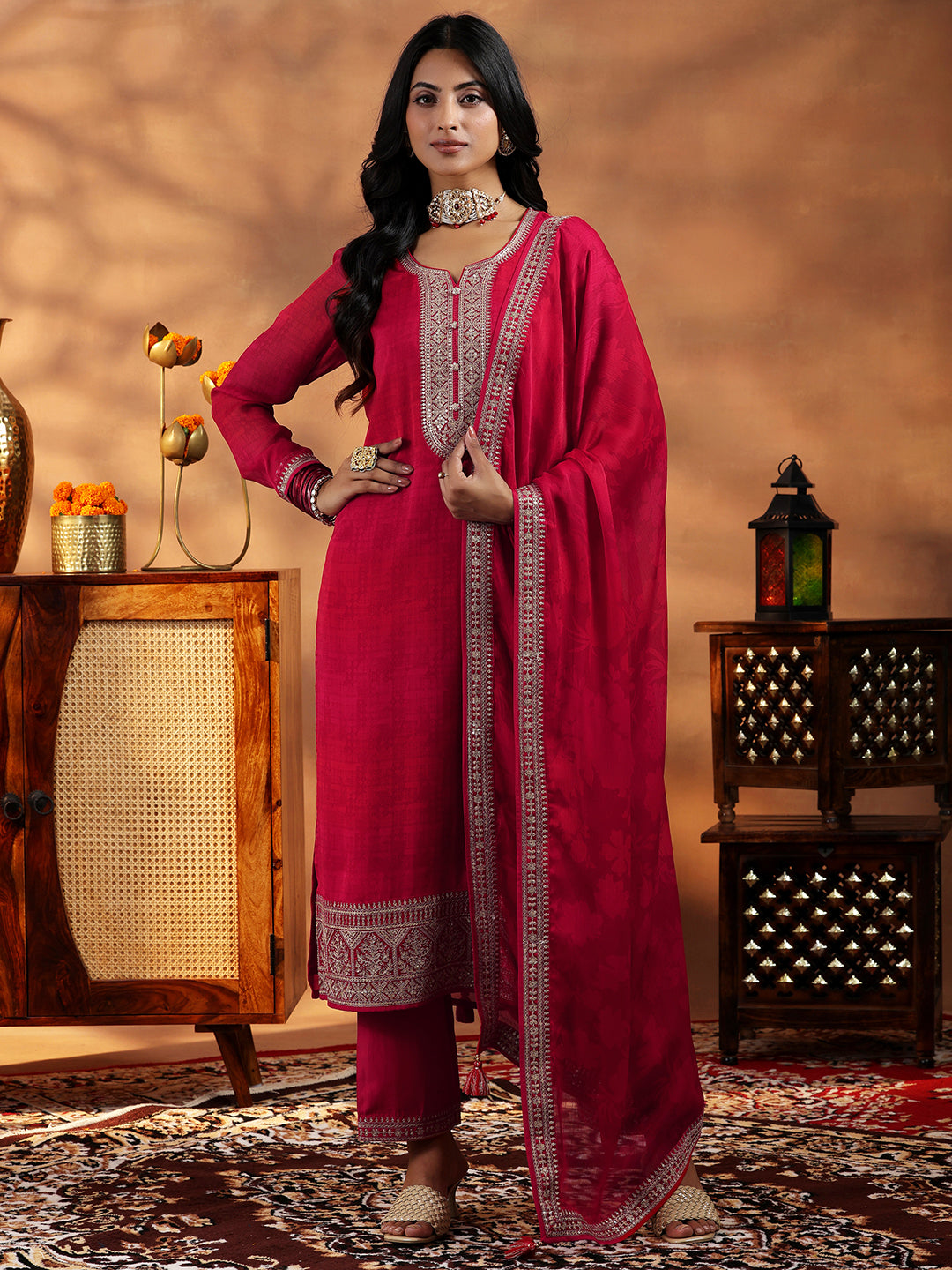 Red Embroidered Silk Blend Straight Suit With Dupatta