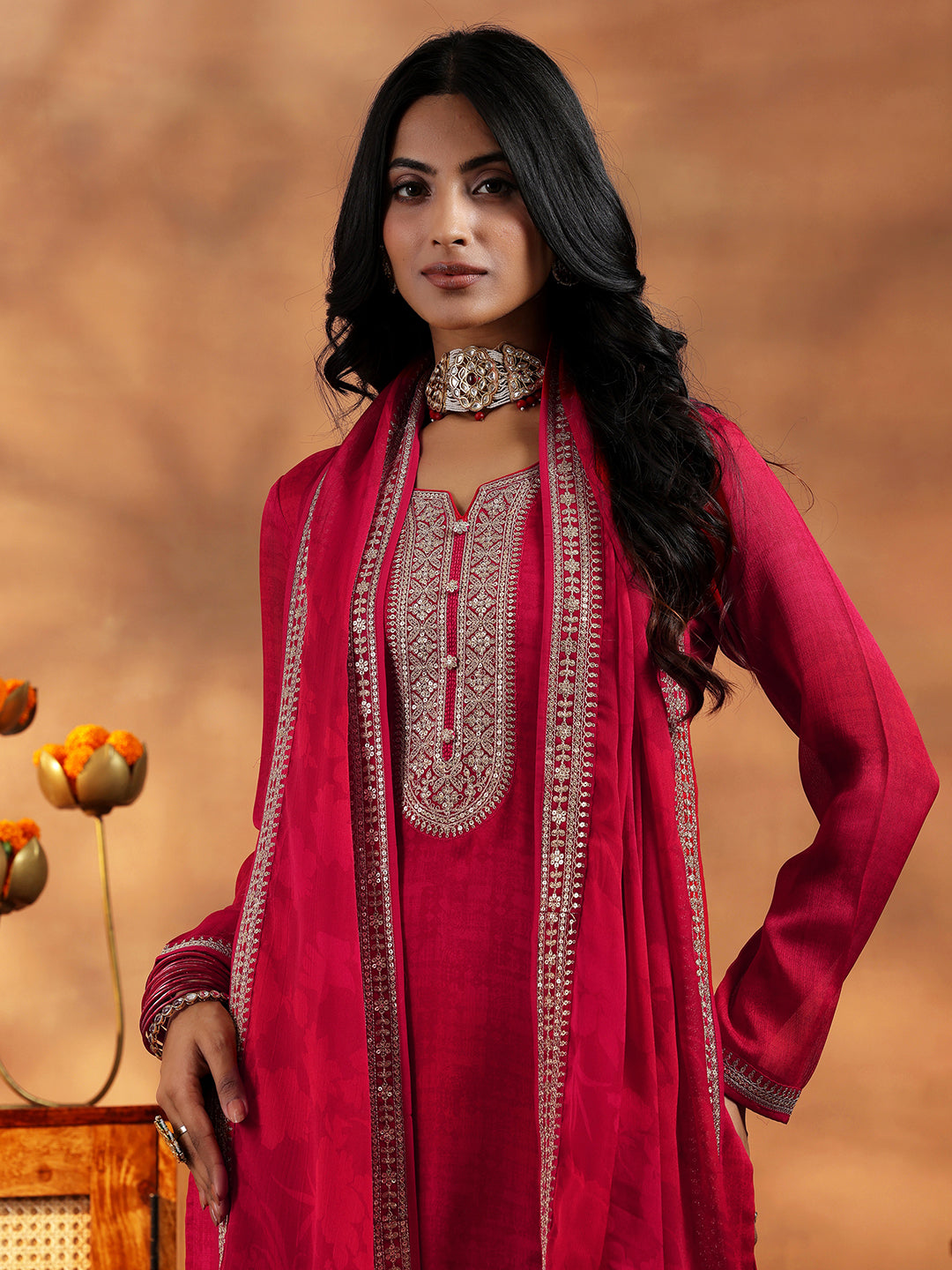 Red Embroidered Silk Blend Straight Suit With Dupatta