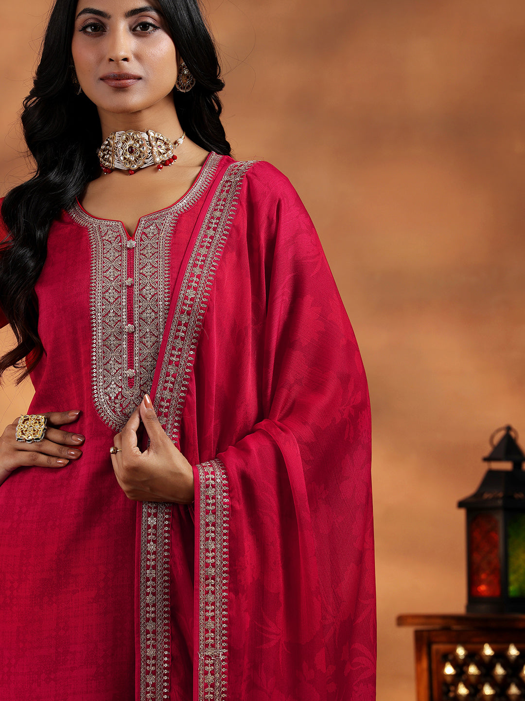 Red Embroidered Silk Blend Straight Suit With Dupatta