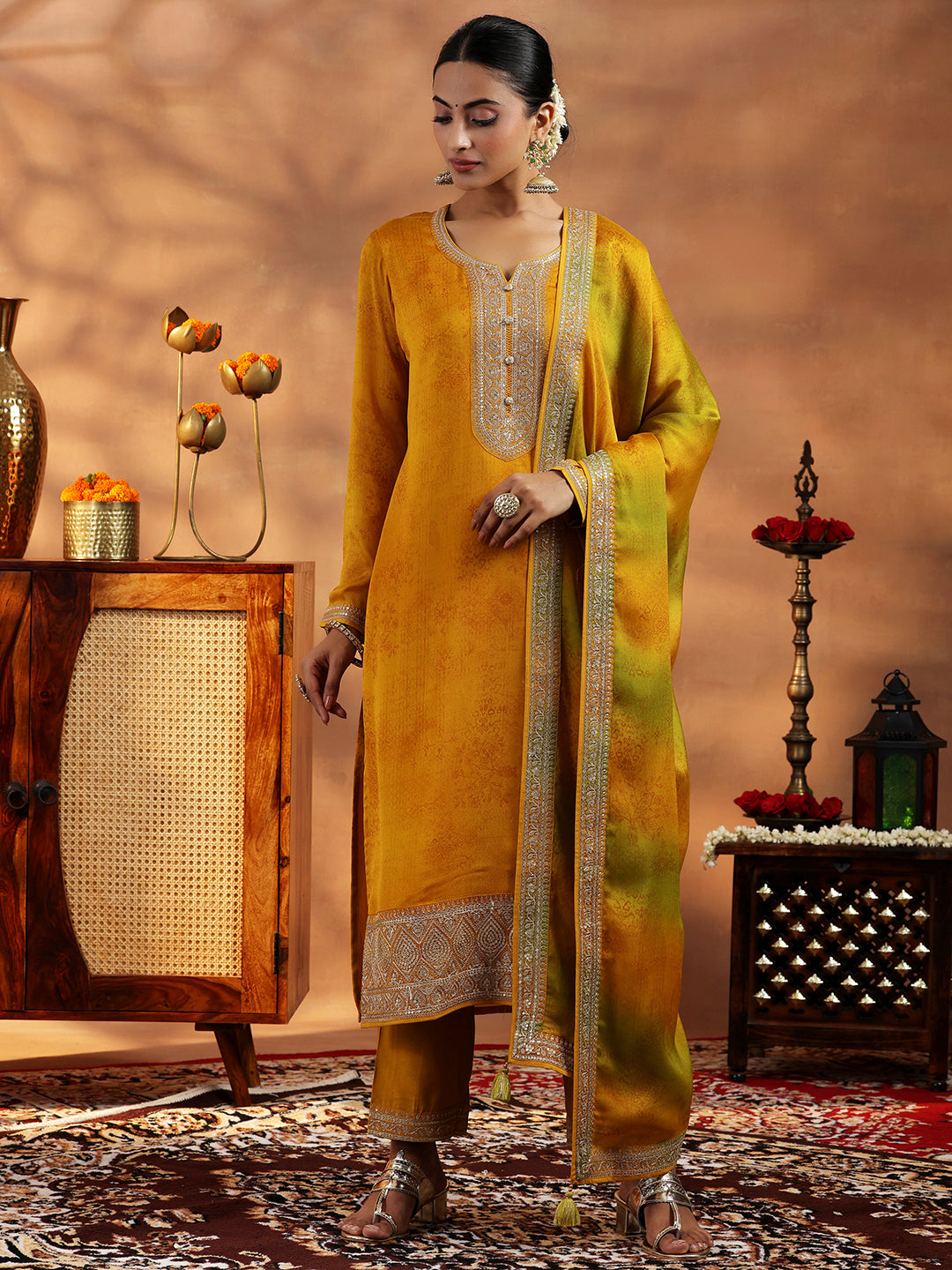 Mustard Embroidered Silk Blend Straight Suit With Dupatta