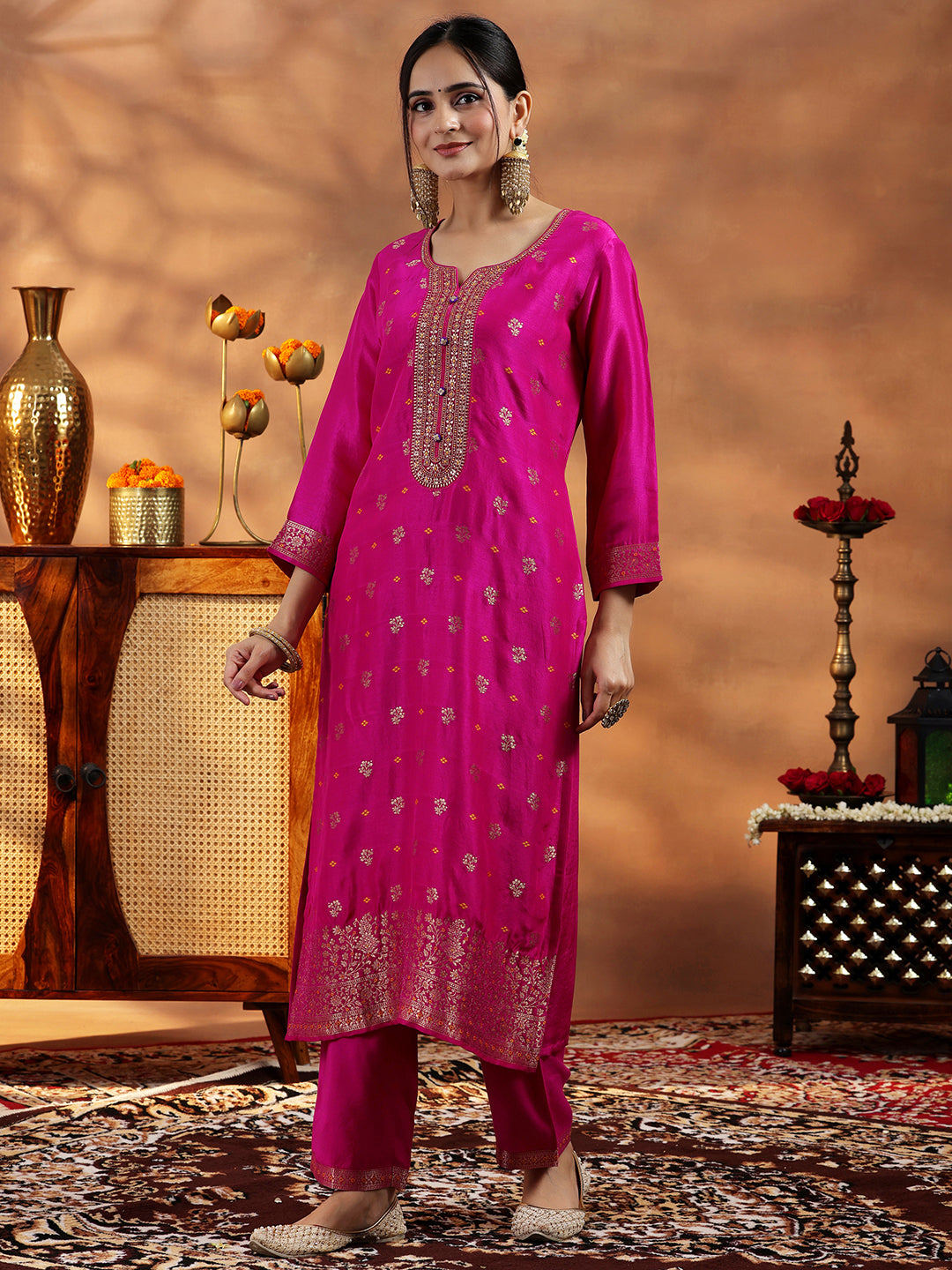 Pink Woven Design Silk Blend Straight Suit With Dupatta