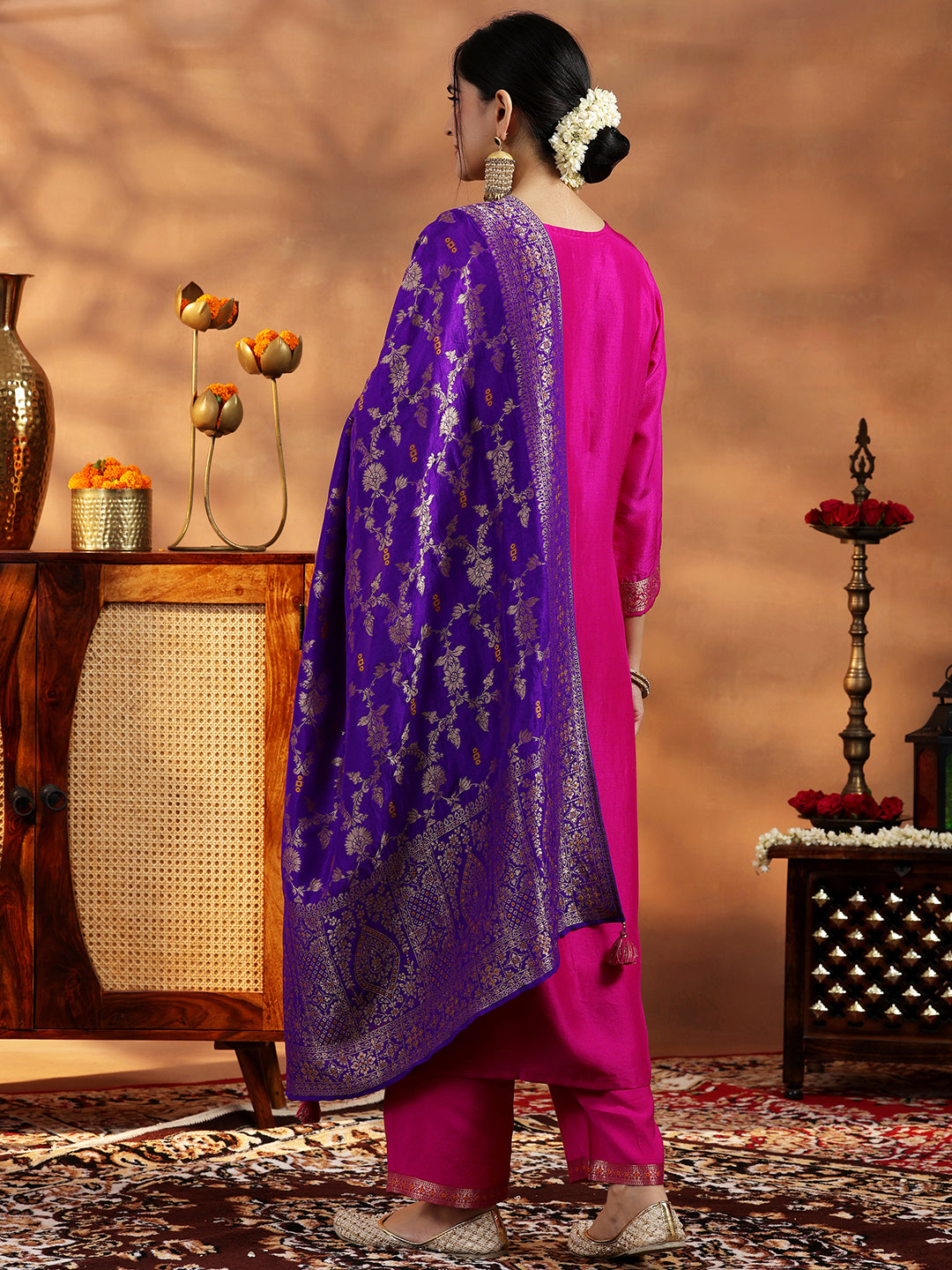 Pink Woven Design Silk Blend Straight Suit With Dupatta