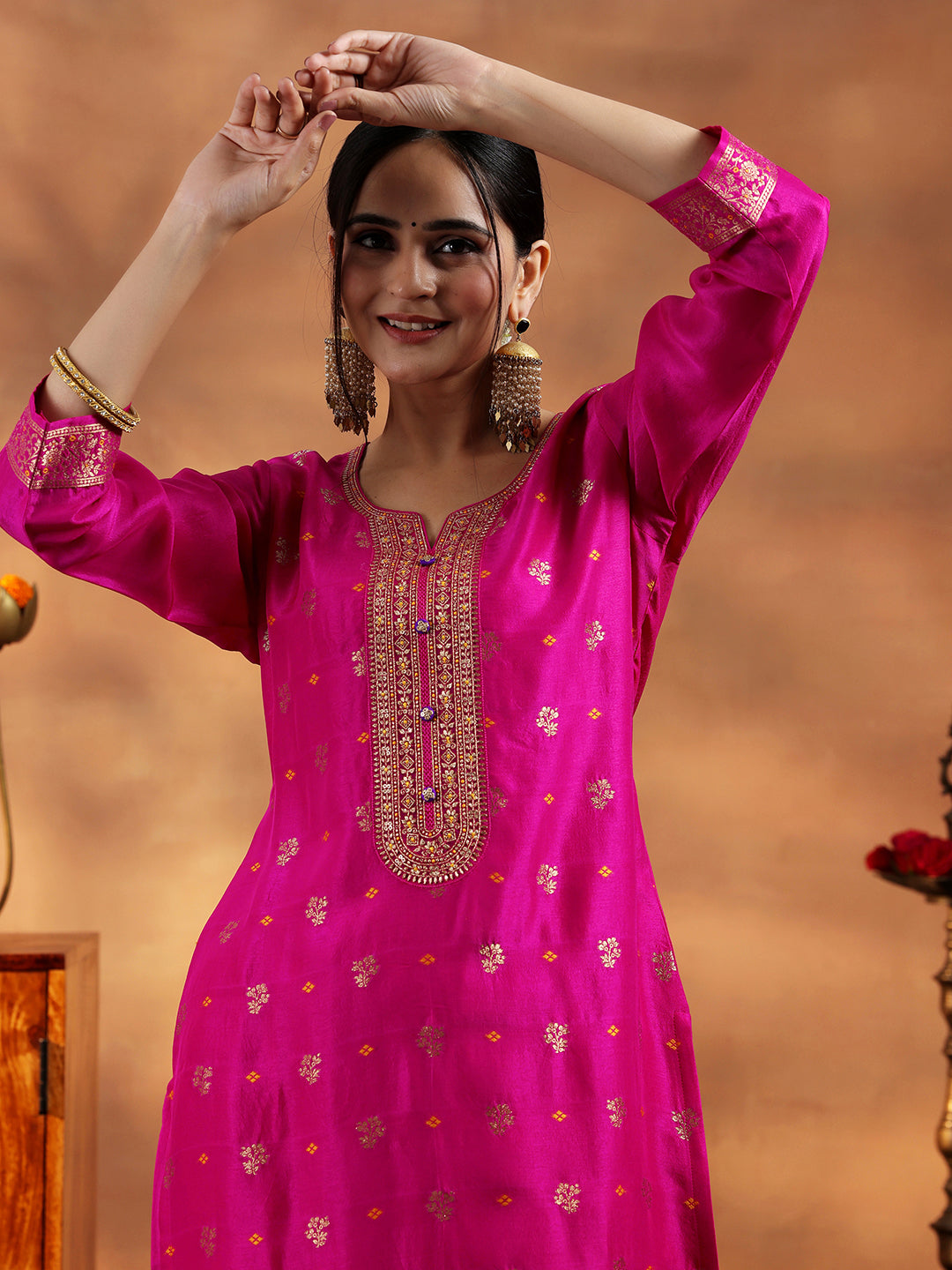 Pink Woven Design Silk Blend Straight Suit With Dupatta