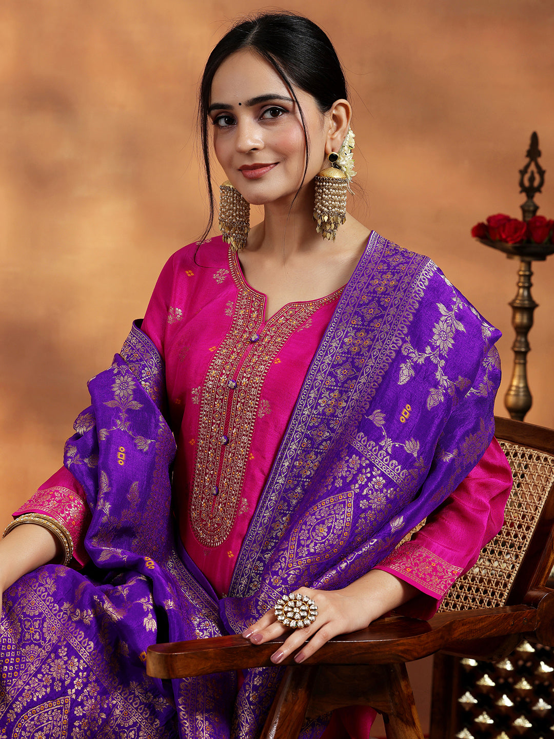 Pink Woven Design Silk Blend Straight Suit With Dupatta