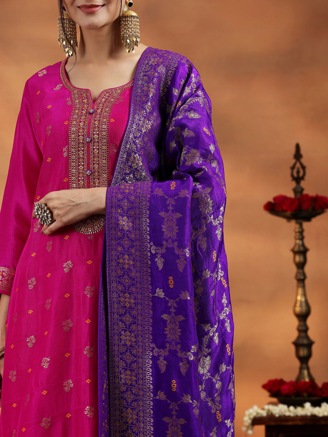 Pink Woven Design Silk Blend Straight Suit With Dupatta