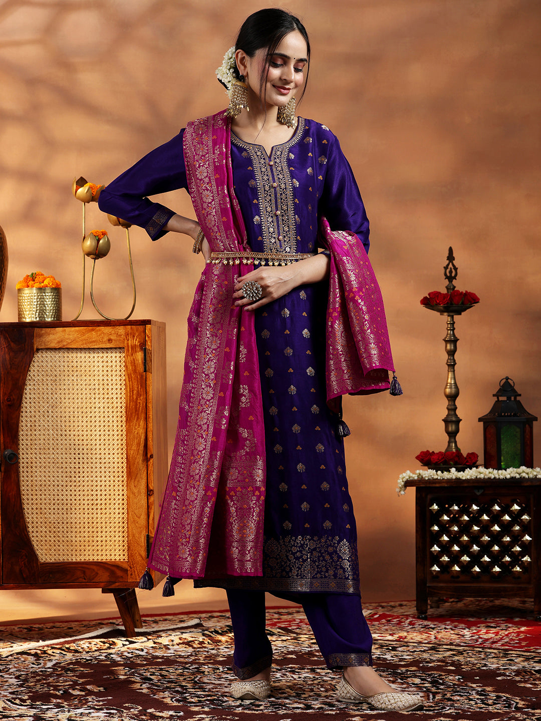 Purple Woven Design Silk Blend Straight Suit With Dupatta