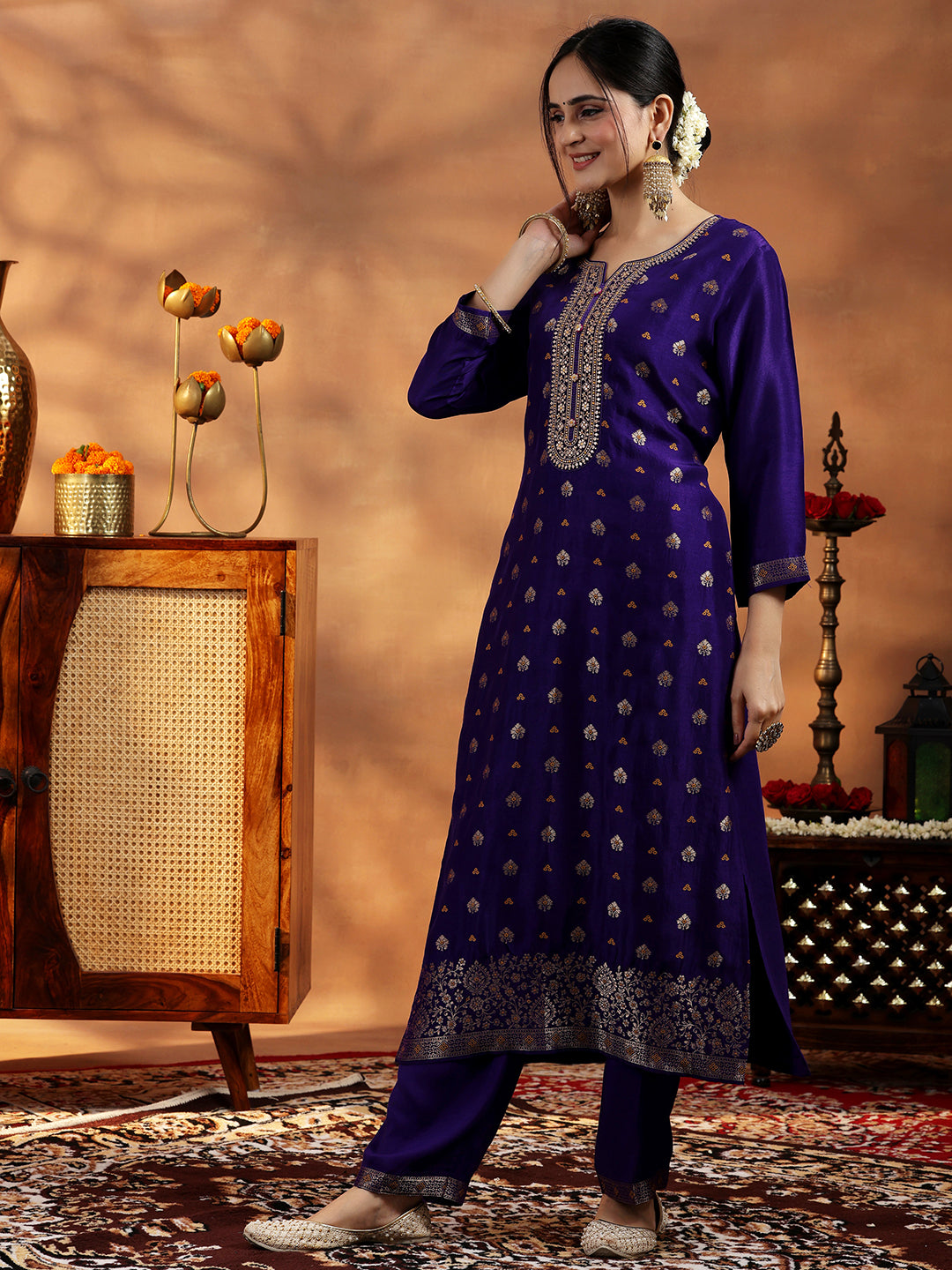 Purple Woven Design Silk Blend Straight Suit With Dupatta