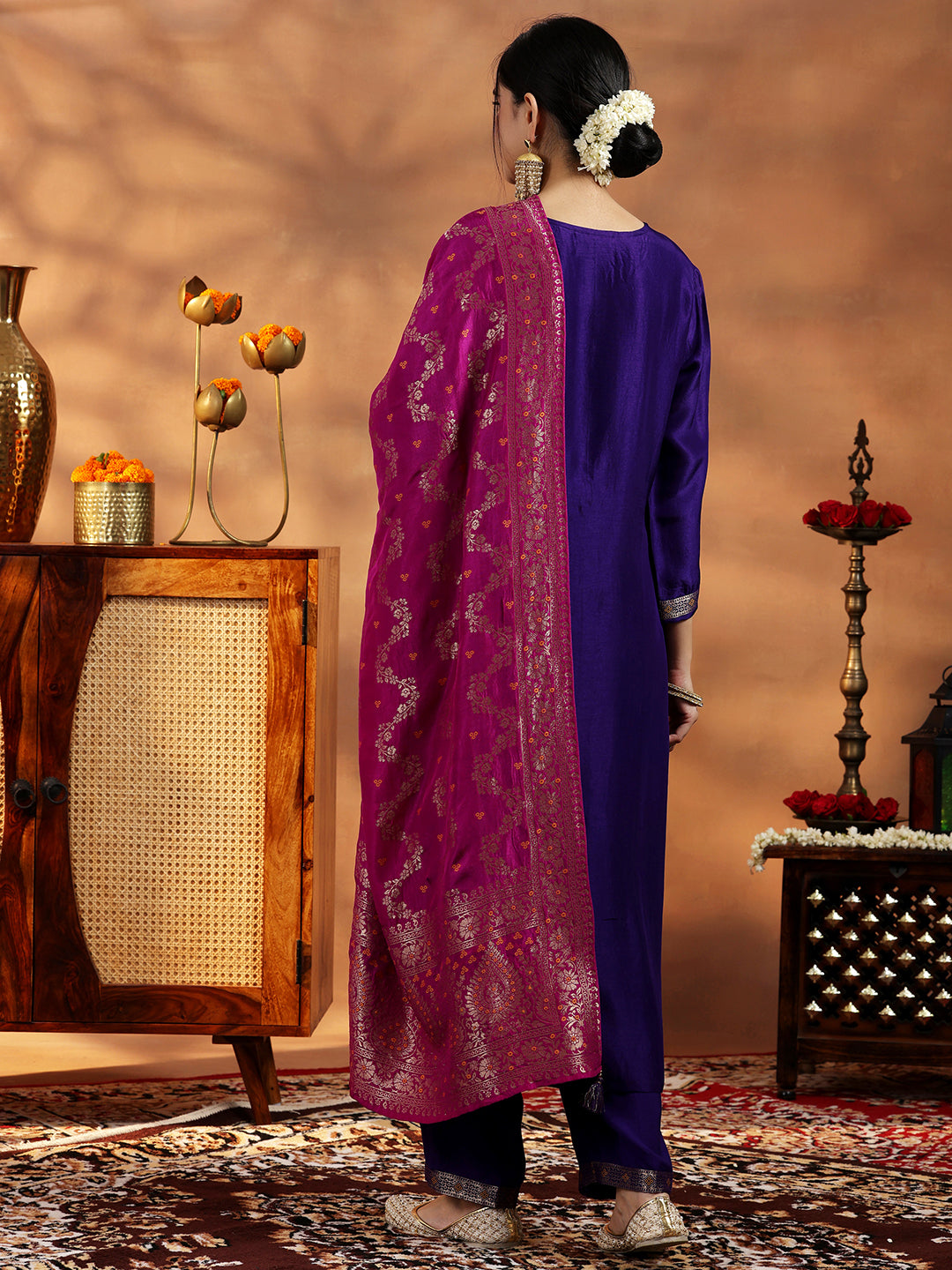 Purple Woven Design Silk Blend Straight Suit With Dupatta