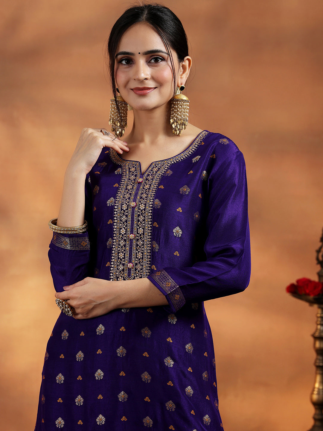 Purple Woven Design Silk Blend Straight Suit With Dupatta