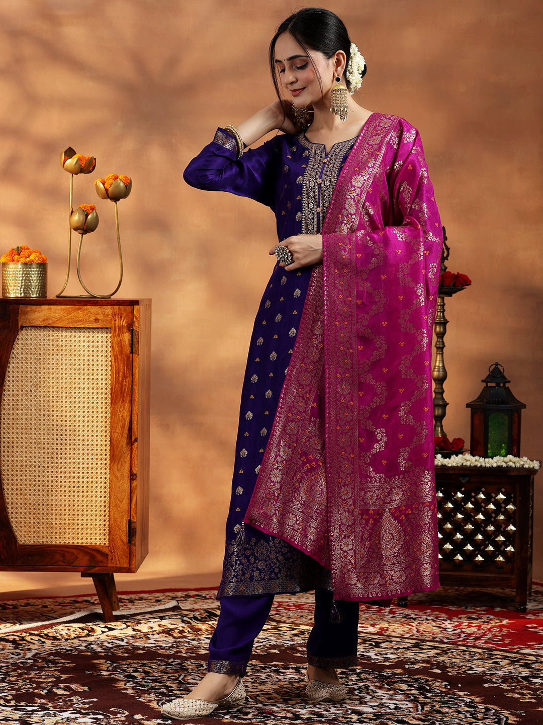 Purple Woven Design Silk Blend Straight Suit With Dupatta