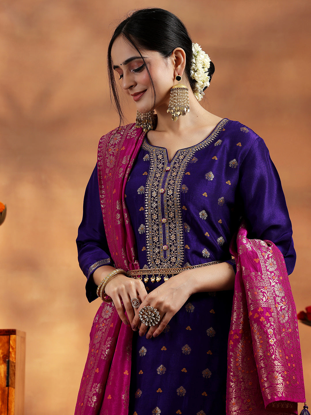 Purple Woven Design Silk Blend Straight Suit With Dupatta